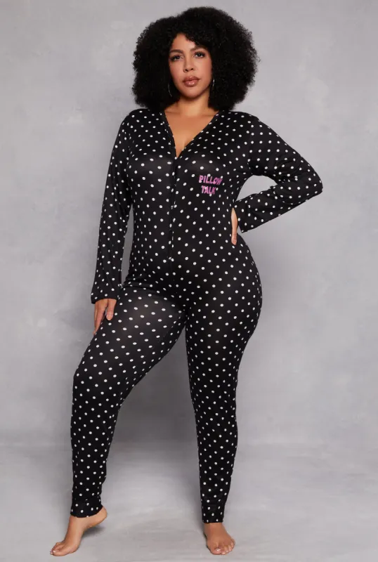 Plus Size Pillow Talk Polka Dot Button Front Pajama Jumpsuit sold by Rainbow