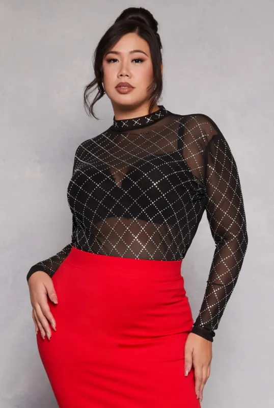 Plus Size Rhinestone Mesh Long Sleeve Top sold by Rainbow