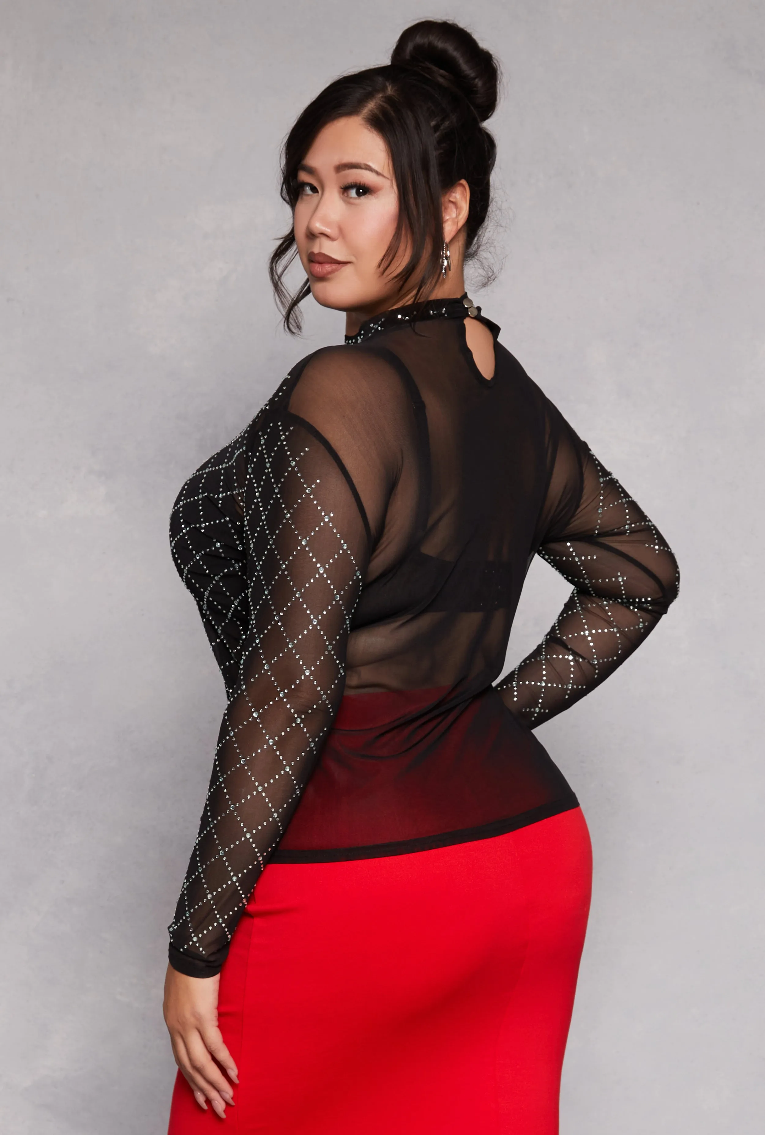 Plus Size Rhinestone Mesh Long Sleeve Top sold by Rainbow product image thumbnail 3