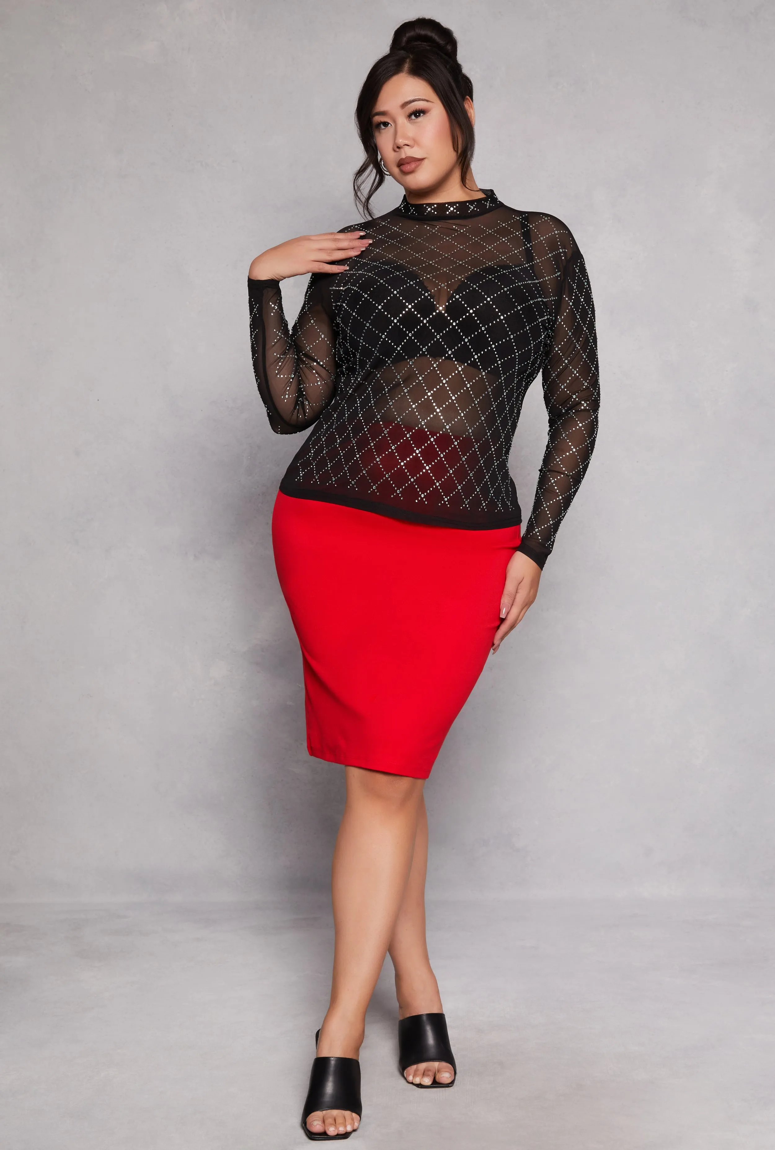 Plus Size Rhinestone Mesh Long Sleeve Top sold by Rainbow product image thumbnail 2