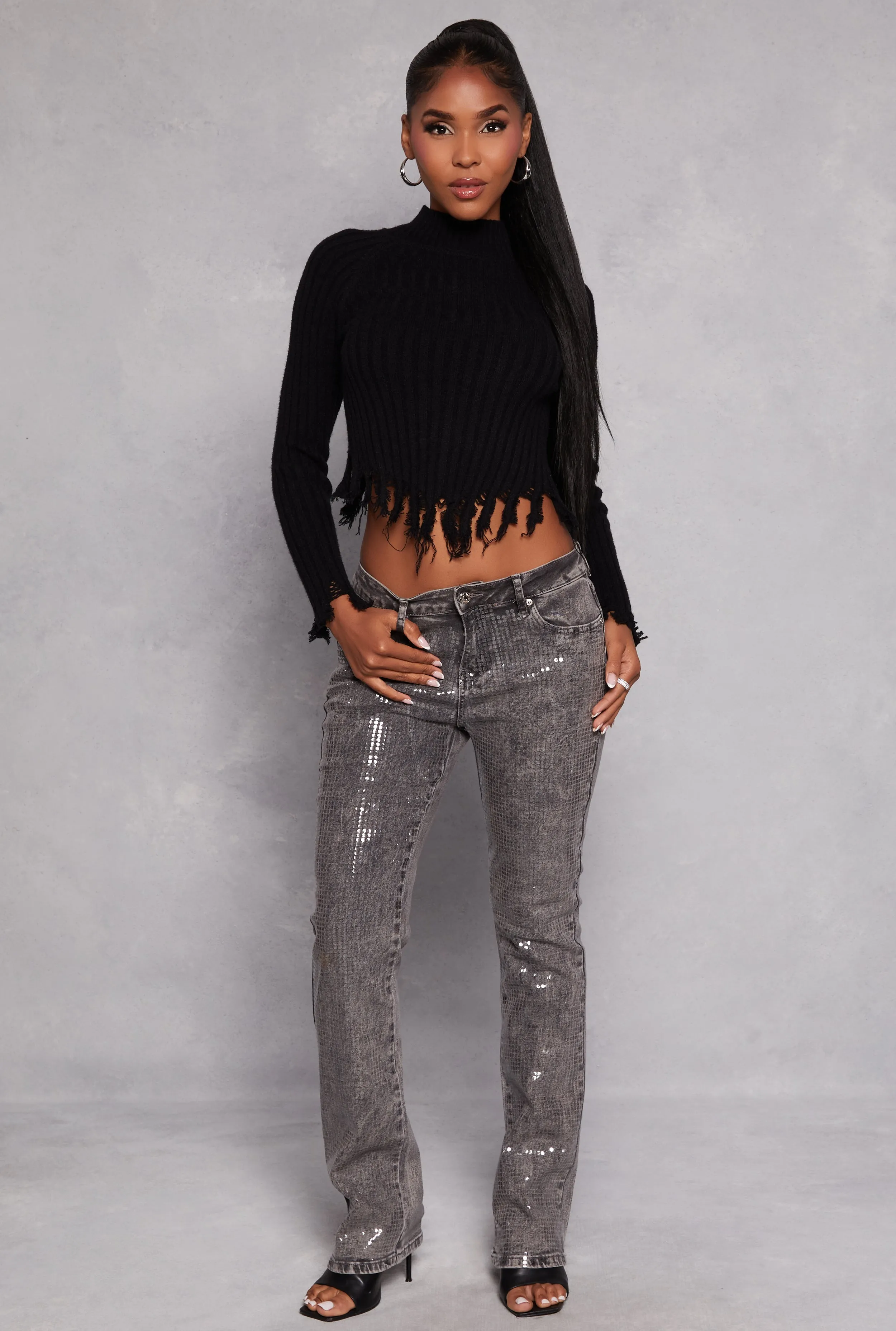 Ribbed Distressed Hem Mock Neck Sweater sold by Rainbow product image thumbnail 2