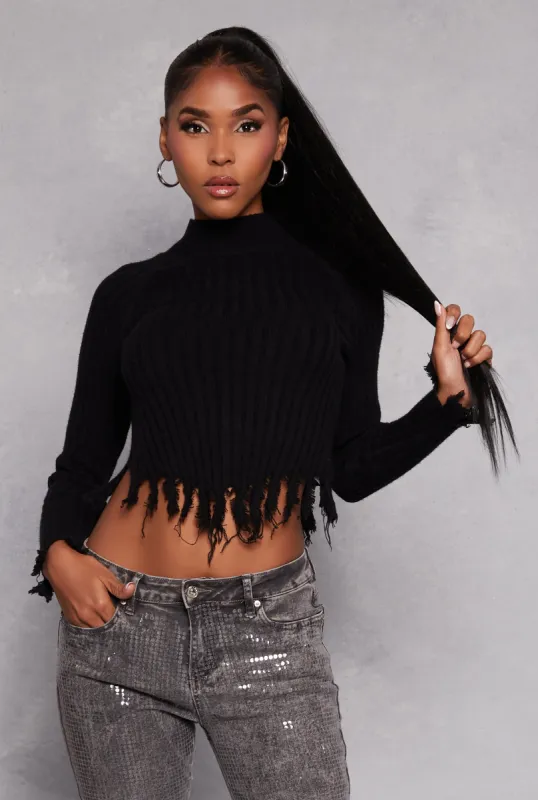 Ribbed Distressed Hem Mock Neck Sweater sold by Rainbow