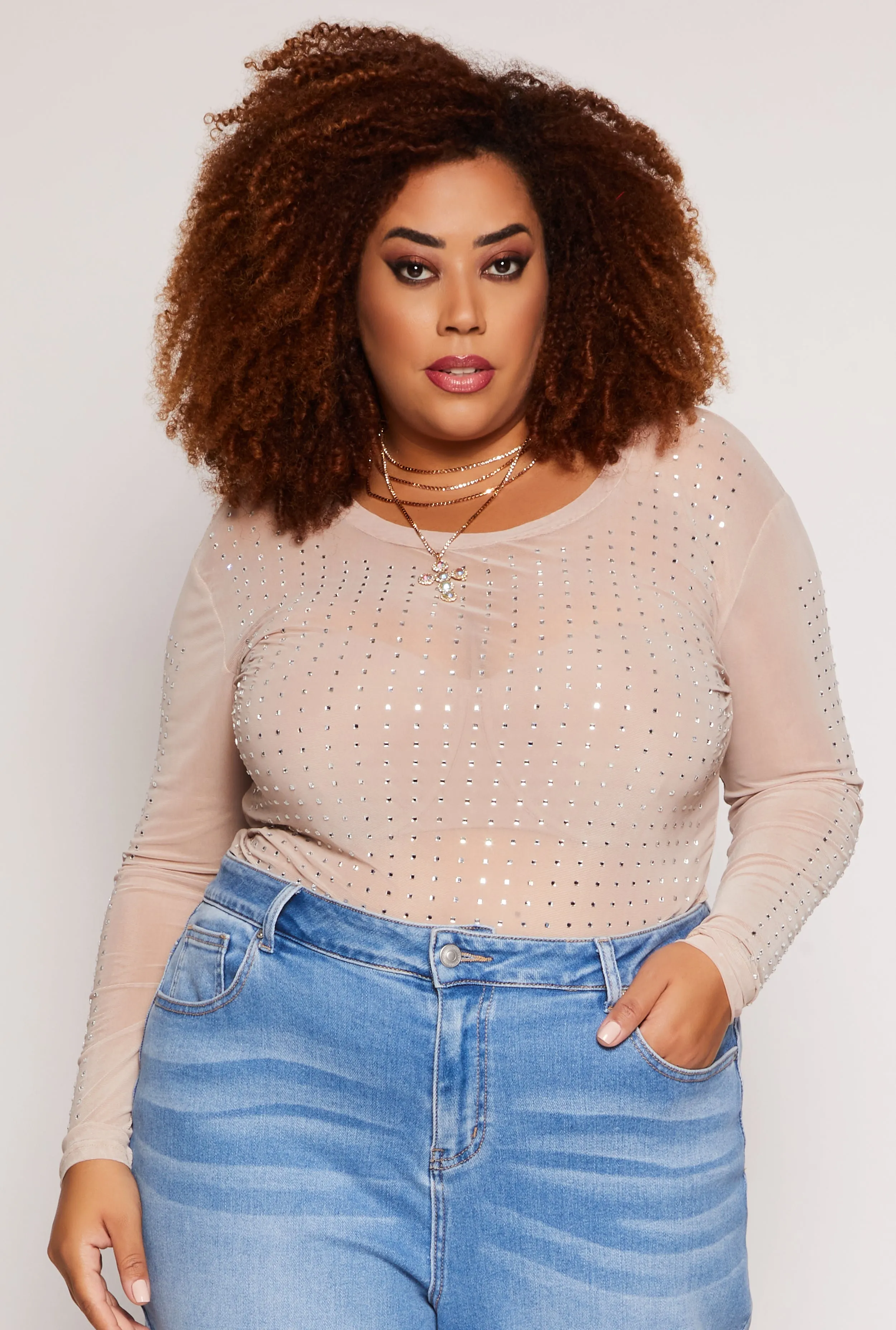 Plus Size Rhinestone Long Sleeve Top sold by Rainbow