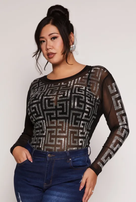 Plus Size Geometric Rhinestone Studded Top sold by Rainbow