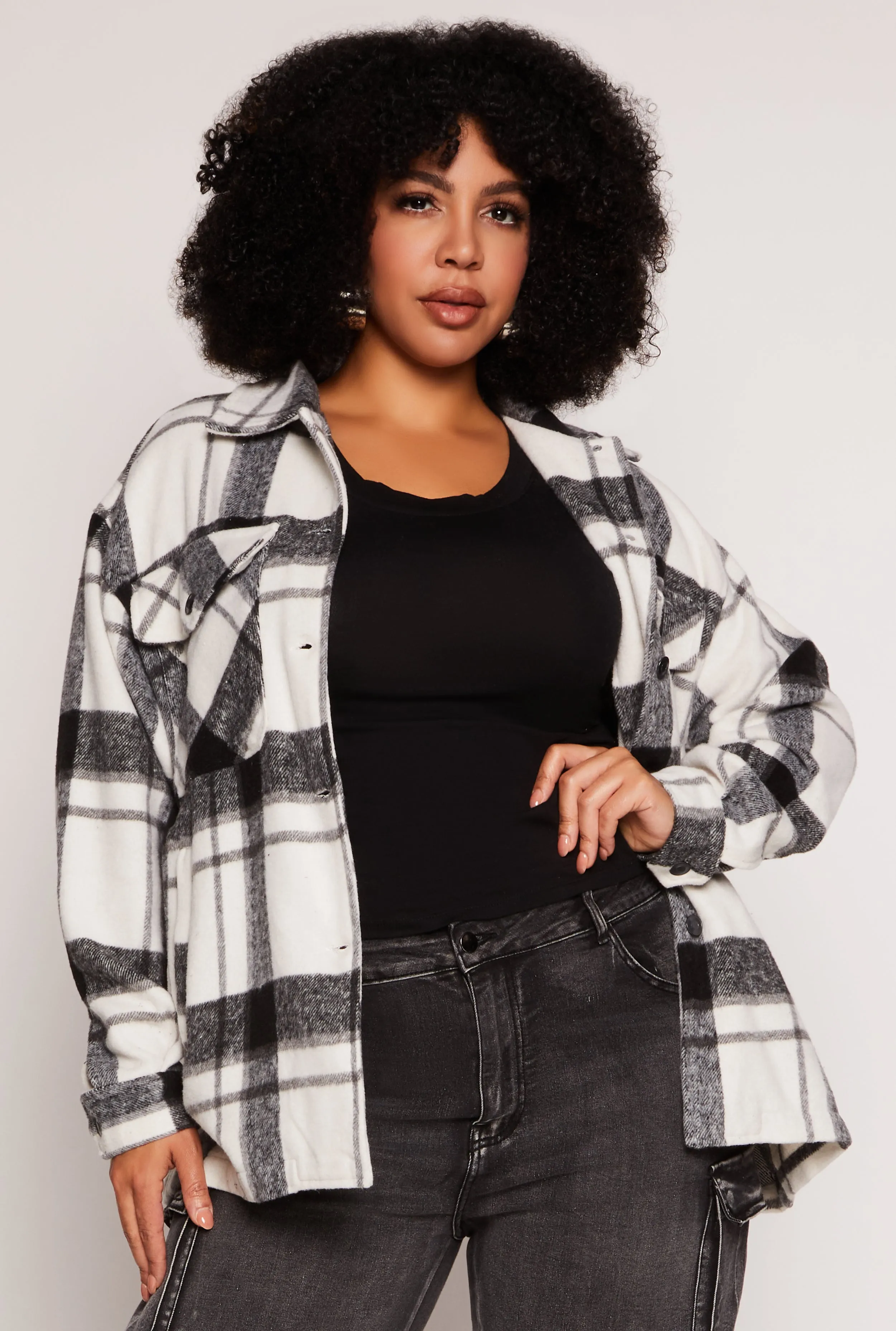 Plus Size Brushed Knit Plaid Shacket sold by Rainbow