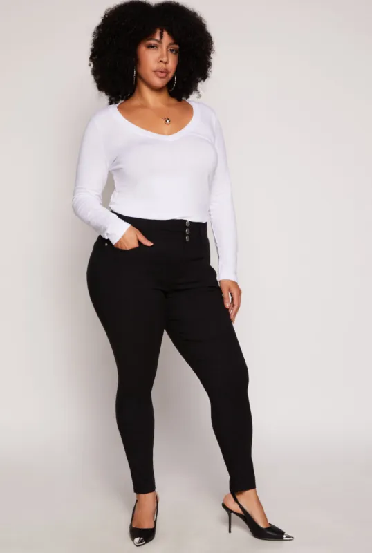 Plus Size Stretch Triple Button Skinny Leg Pants sold by Rainbow