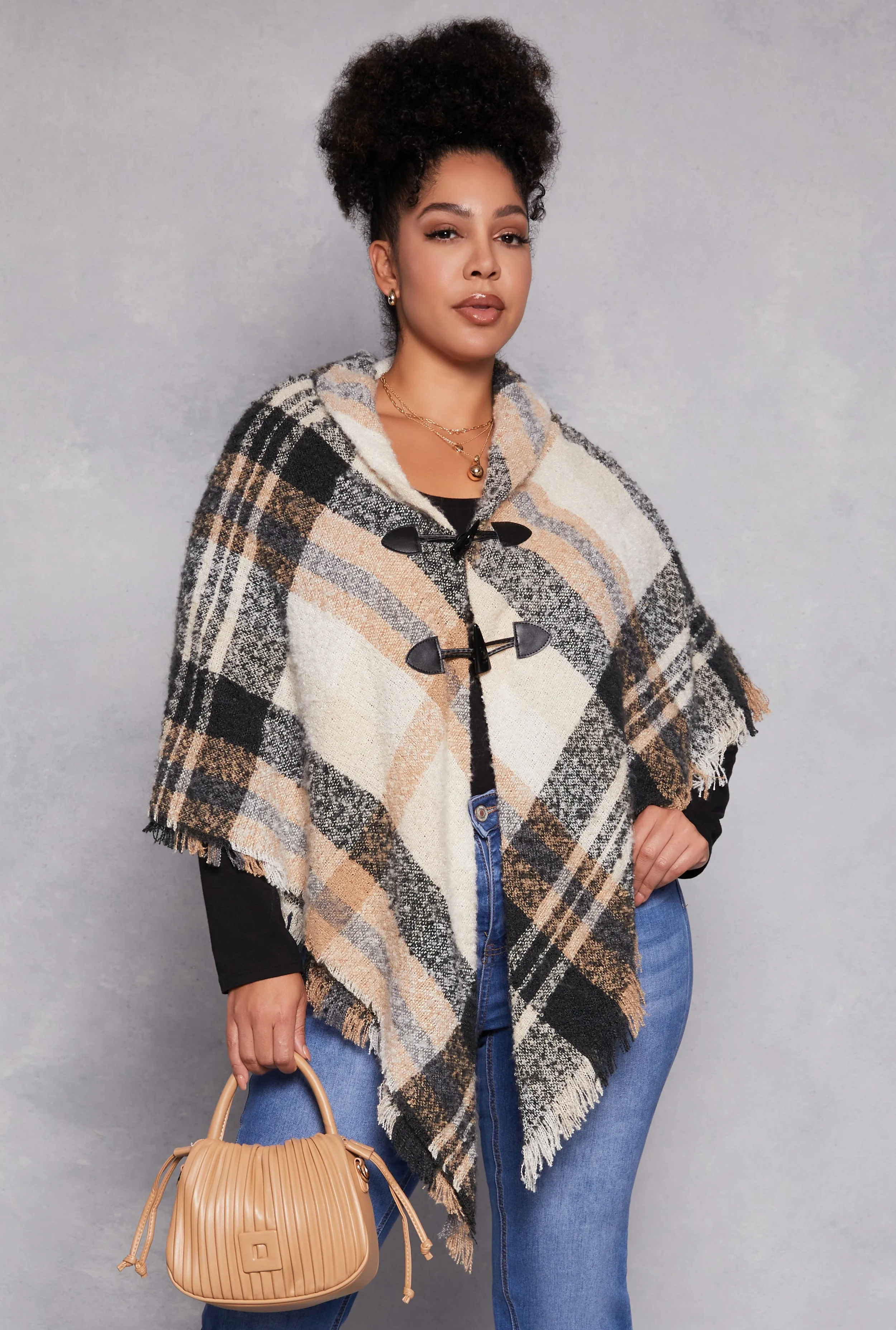 Boucle Plaid Toggle Button Poncho sold by Rainbow