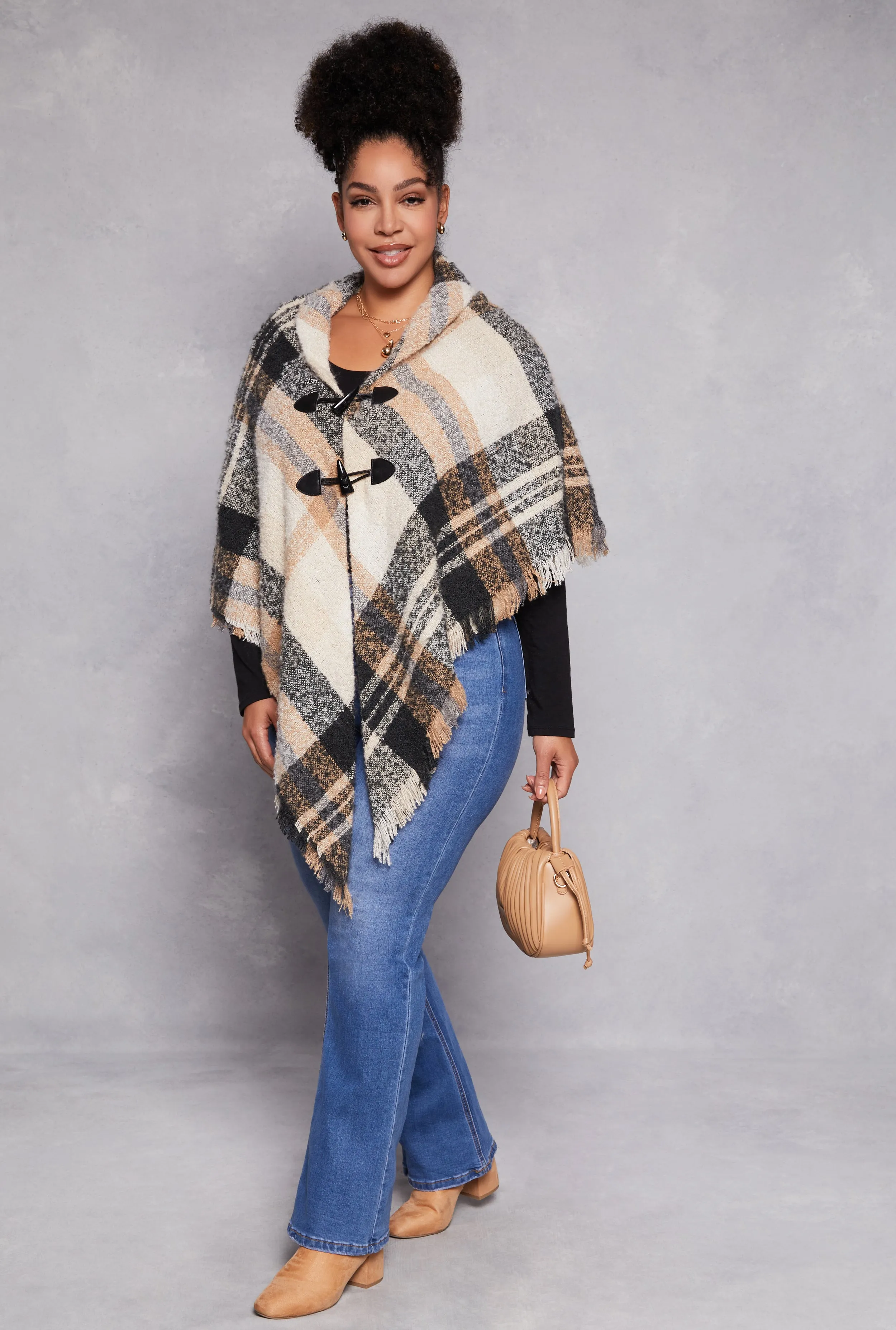 Boucle Plaid Toggle Button Poncho sold by Rainbow product image thumbnail 2
