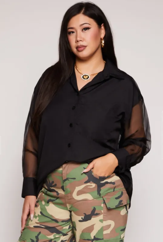 Plus Size Sheer Poplin Button Front Shirt sold by Rainbow