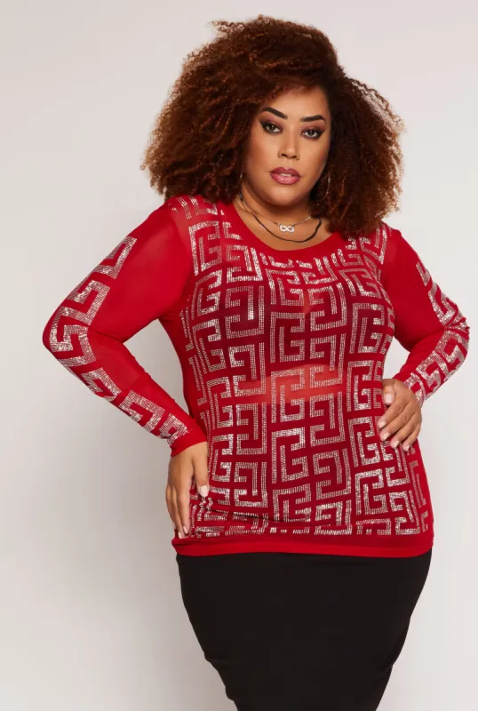 Plus Size Geometric Rhinestone Studded Top sold by Rainbow