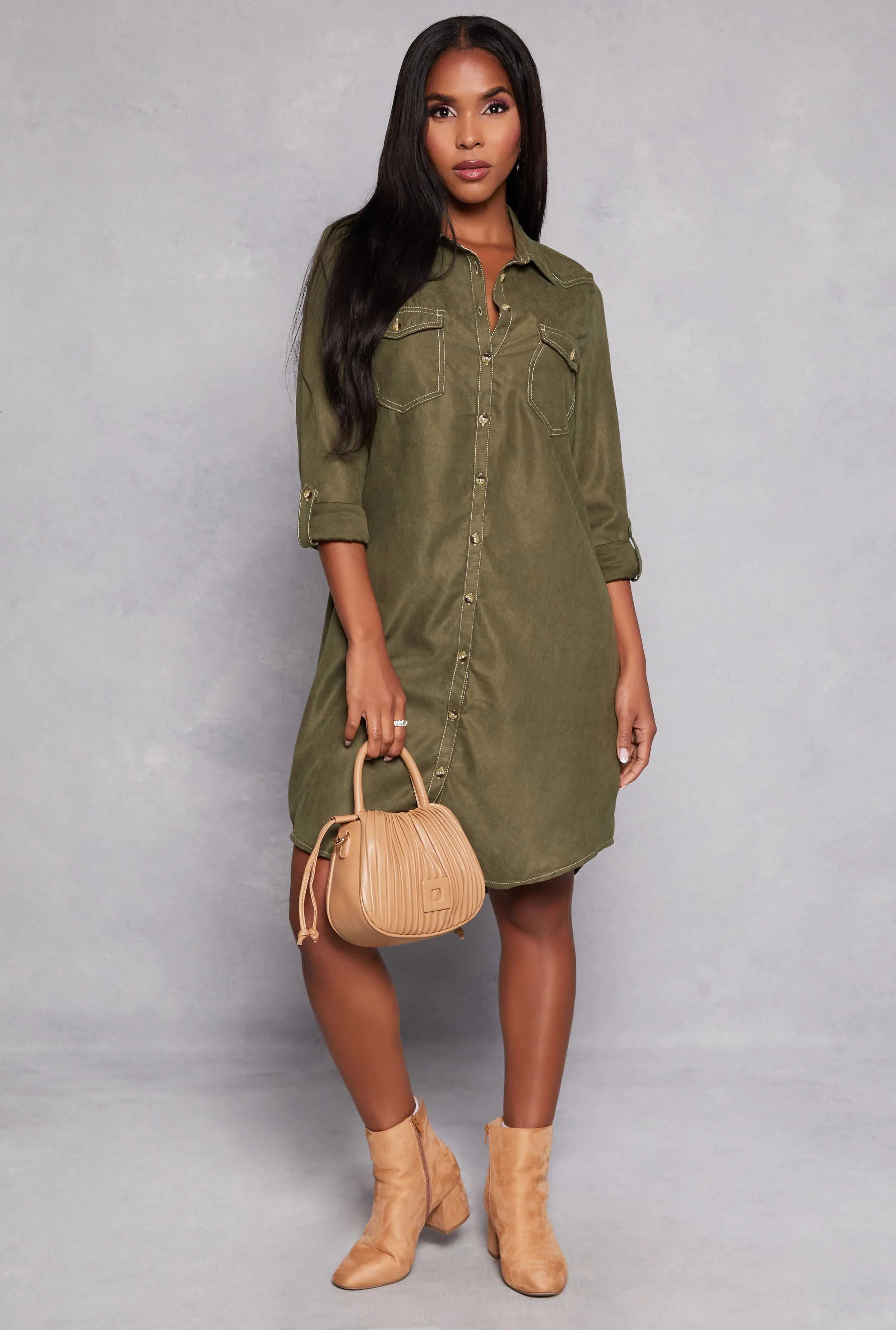 Tabbed Sleeve Button Down Shirt Dress sold by Rainbow