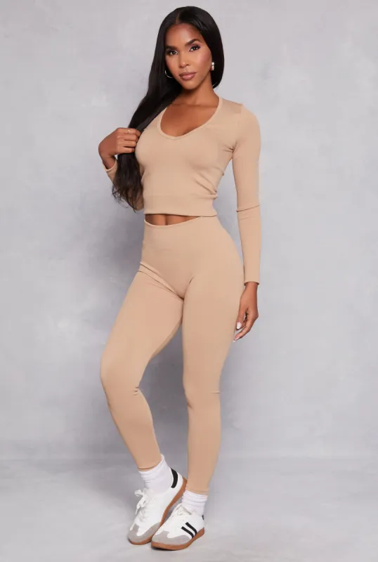 Seamless Ribbed Knit Long Sleeve Top and Leggings Set sold by Rainbow
