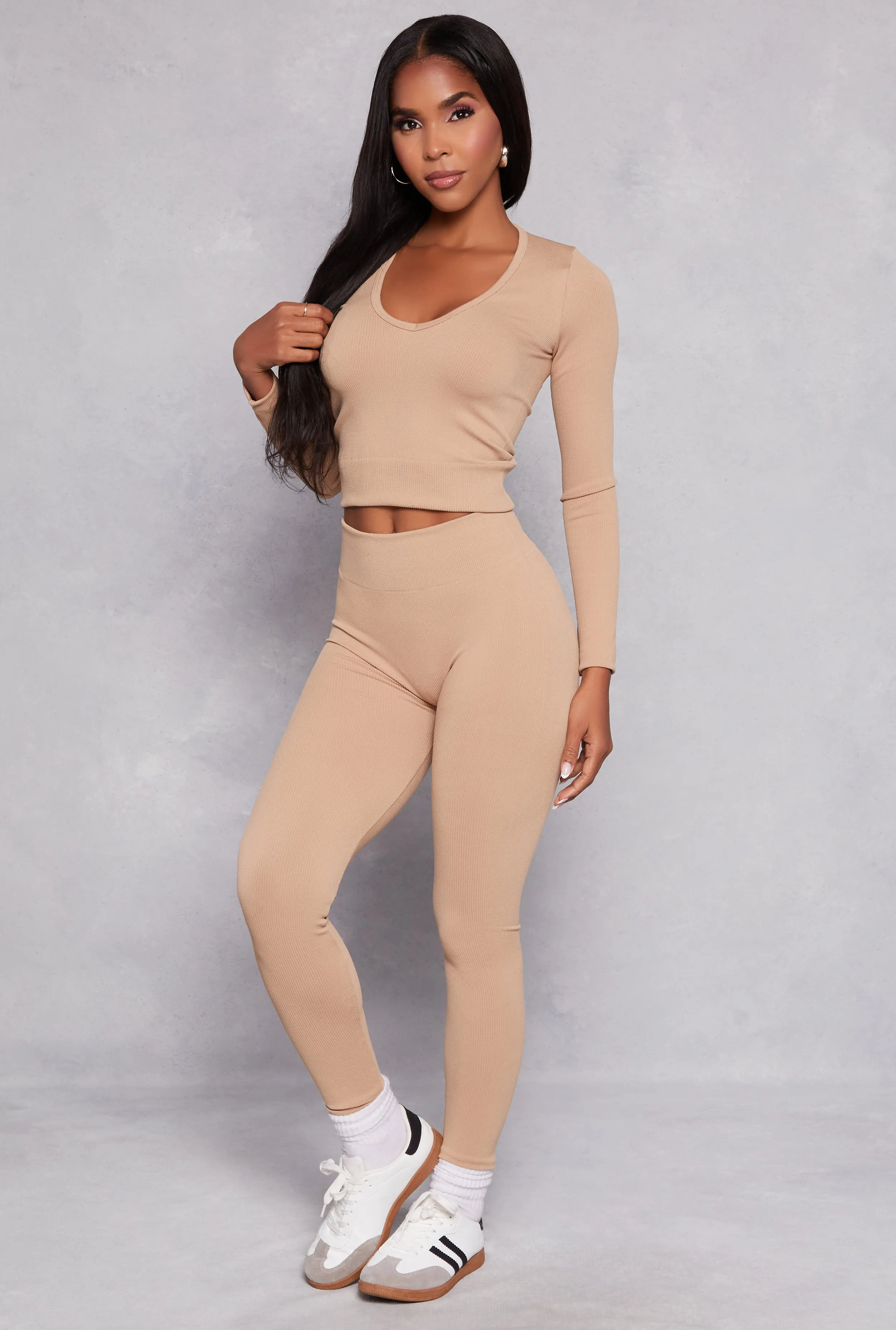 Seamless Ribbed Knit Long Sleeve Top and Leggings Set sold by Rainbow