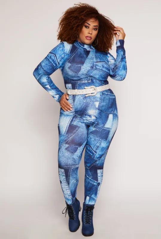 Plus Size Denim Print Catsuit sold by Rainbow