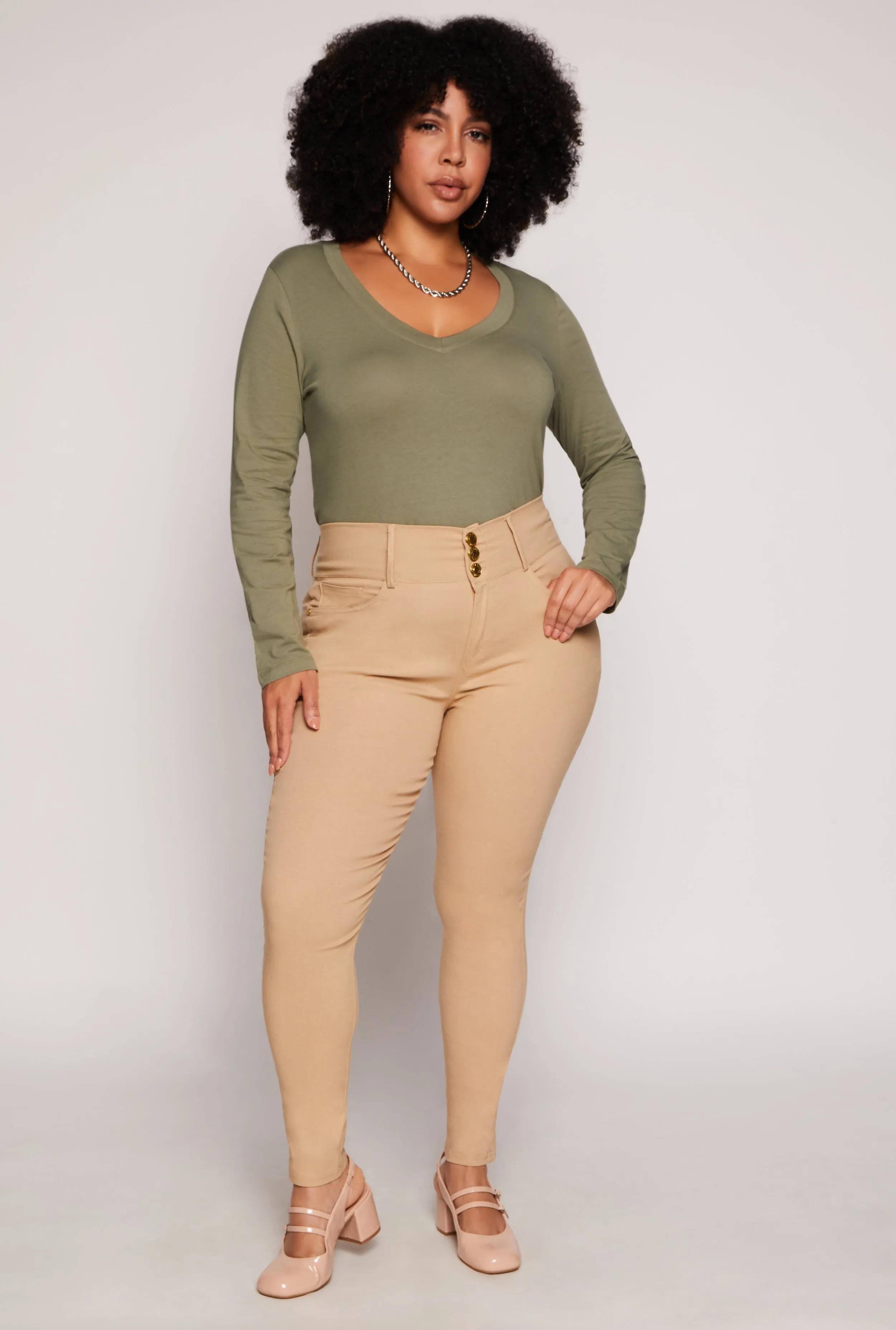 Plus Size Stretch Triple Button Skinny Leg Pants sold by Rainbow