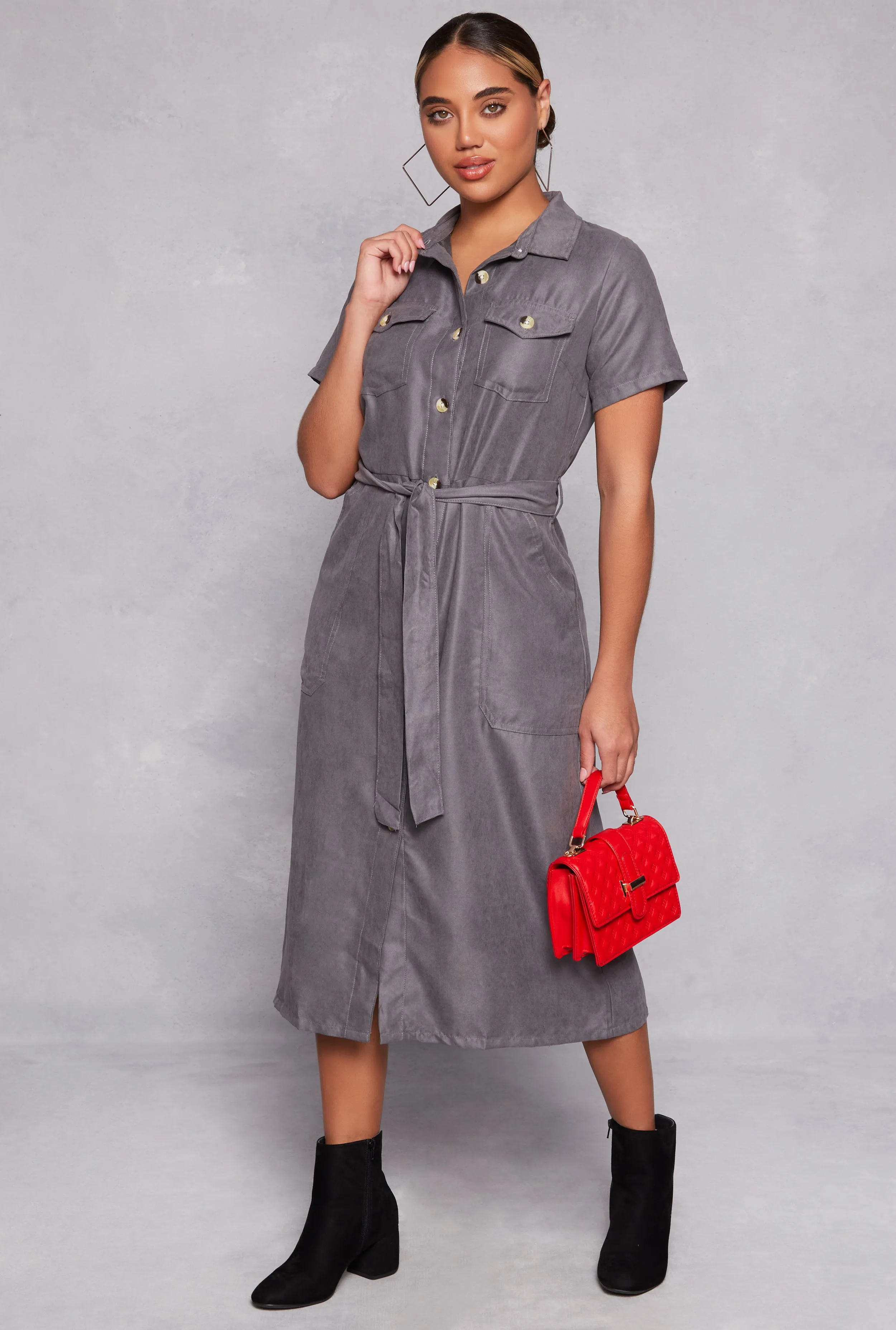 Tie Waist Belted Button Down Shirt Dress sold by Rainbow