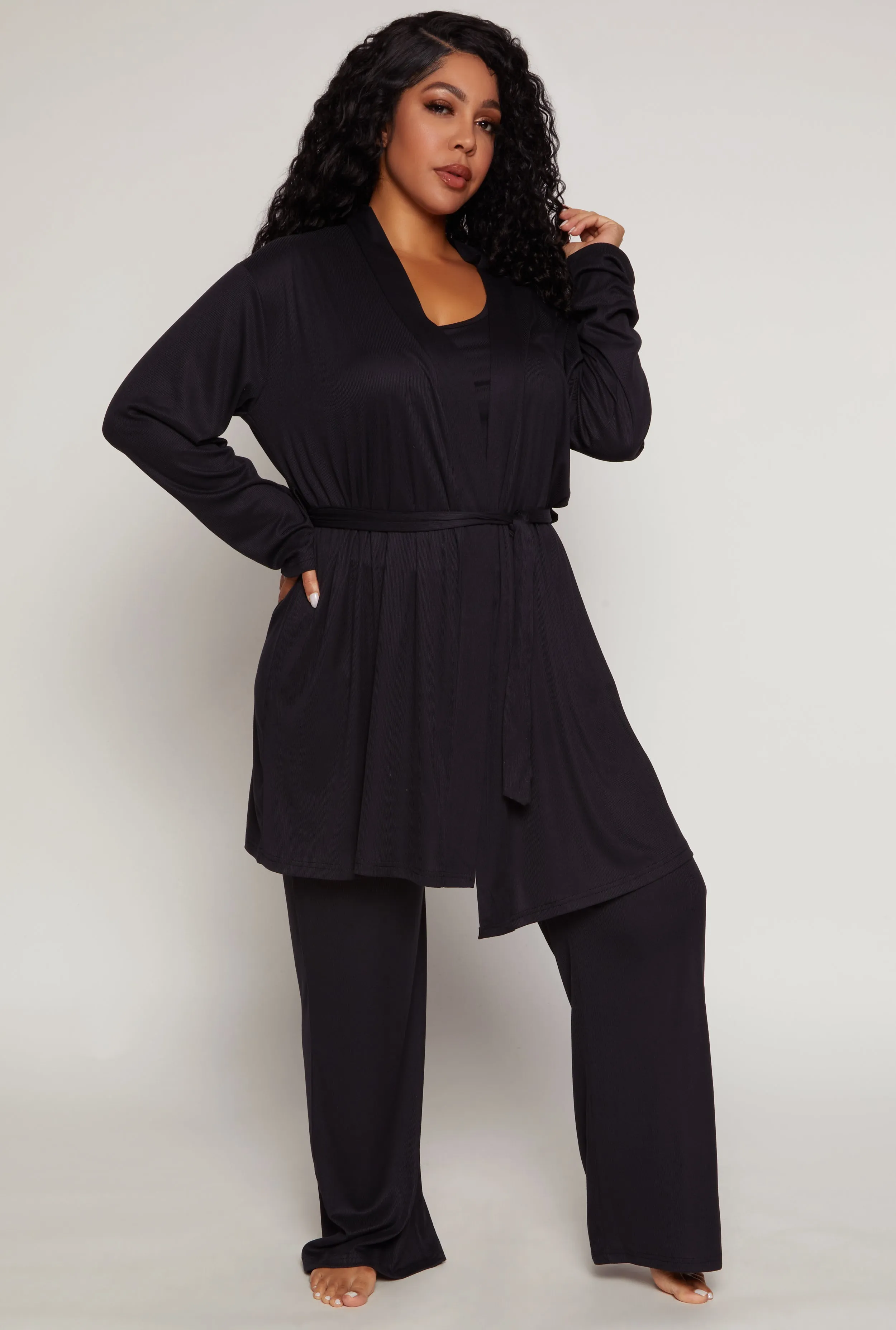 Plus Size Ribbed Knit Pajama Tank Top and Pants with Robe sold by Rainbow