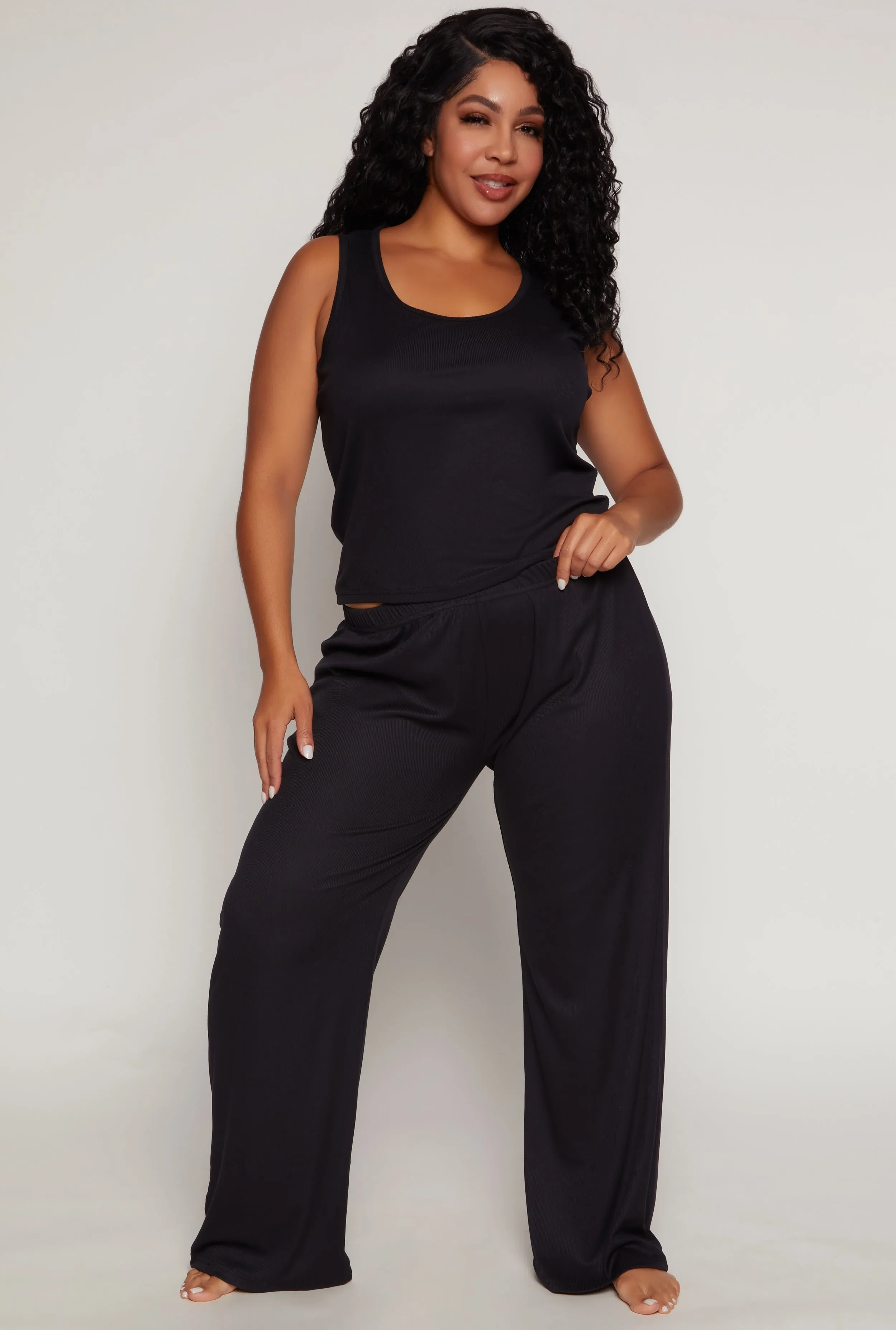 Plus Size Ribbed Knit Pajama Tank Top and Pants with Robe sold by Rainbow product image thumbnail 3