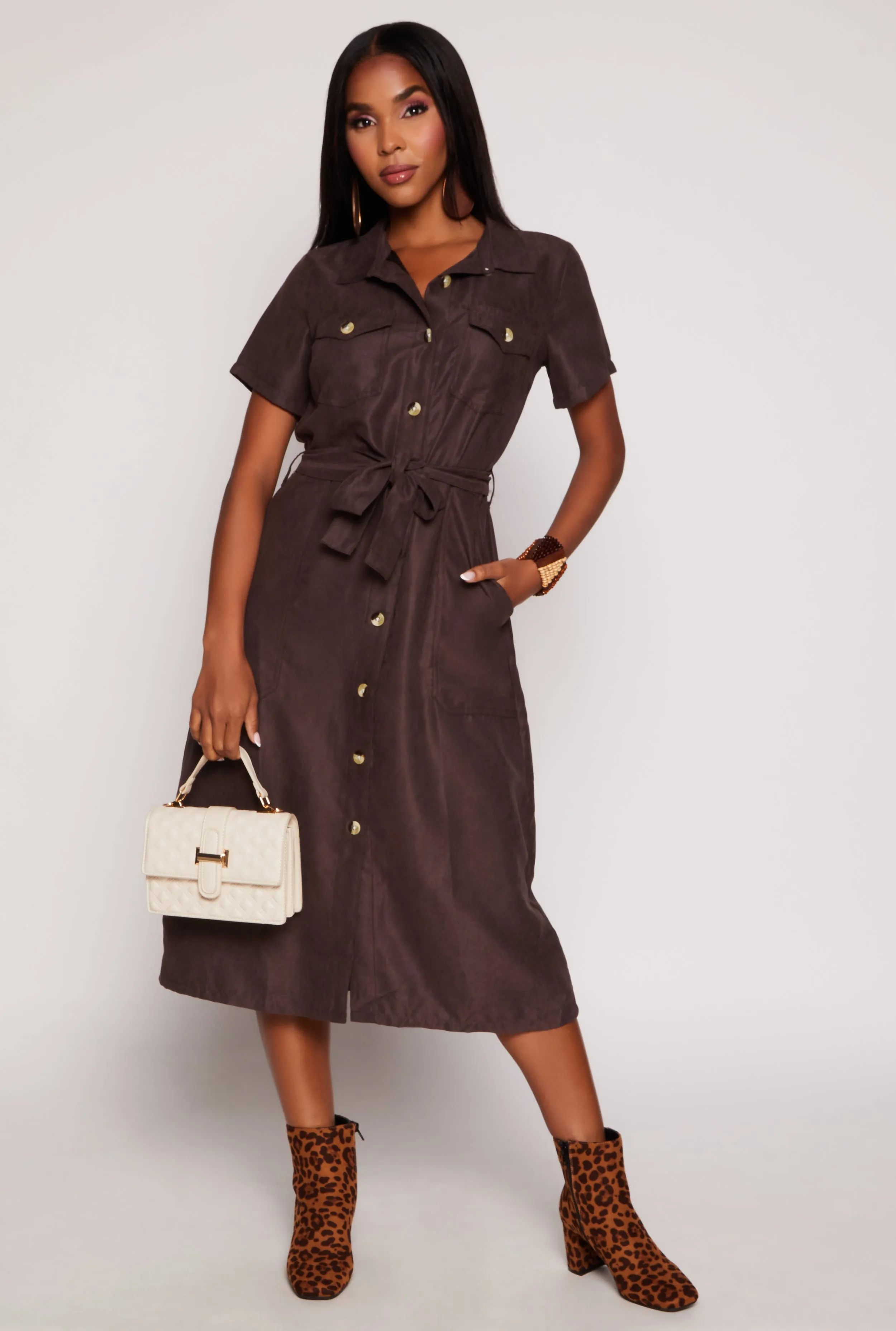 Tie Waist Belted Button Down Shirt Dress sold by Rainbow