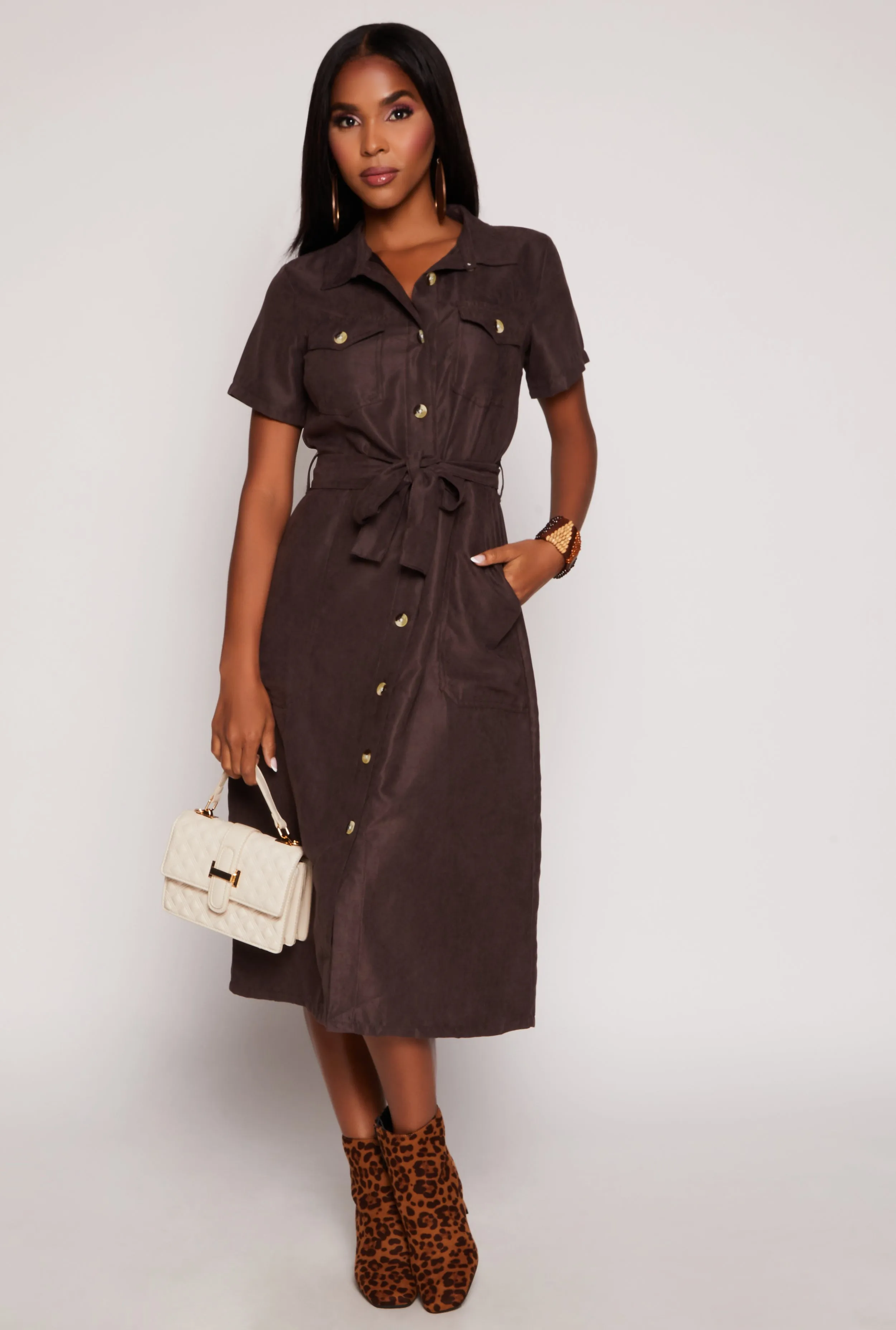 Tie Waist Belted Button Down Shirt Dress sold by Rainbow product image thumbnail 3
