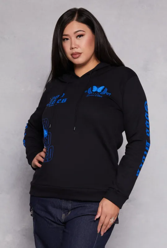 Plus Size Good Vibes Graphic Pullover Hoodie sold by Rainbow