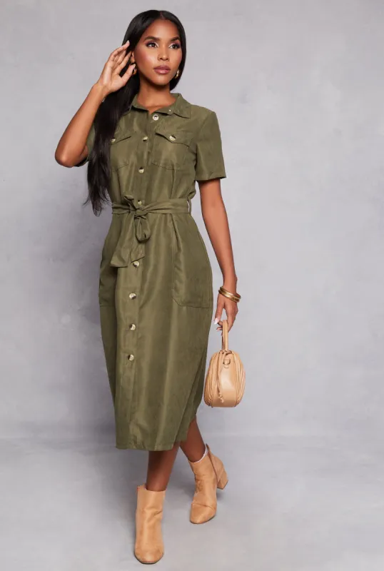 Tie Waist Belted Button Down Shirt Dress sold by Rainbow