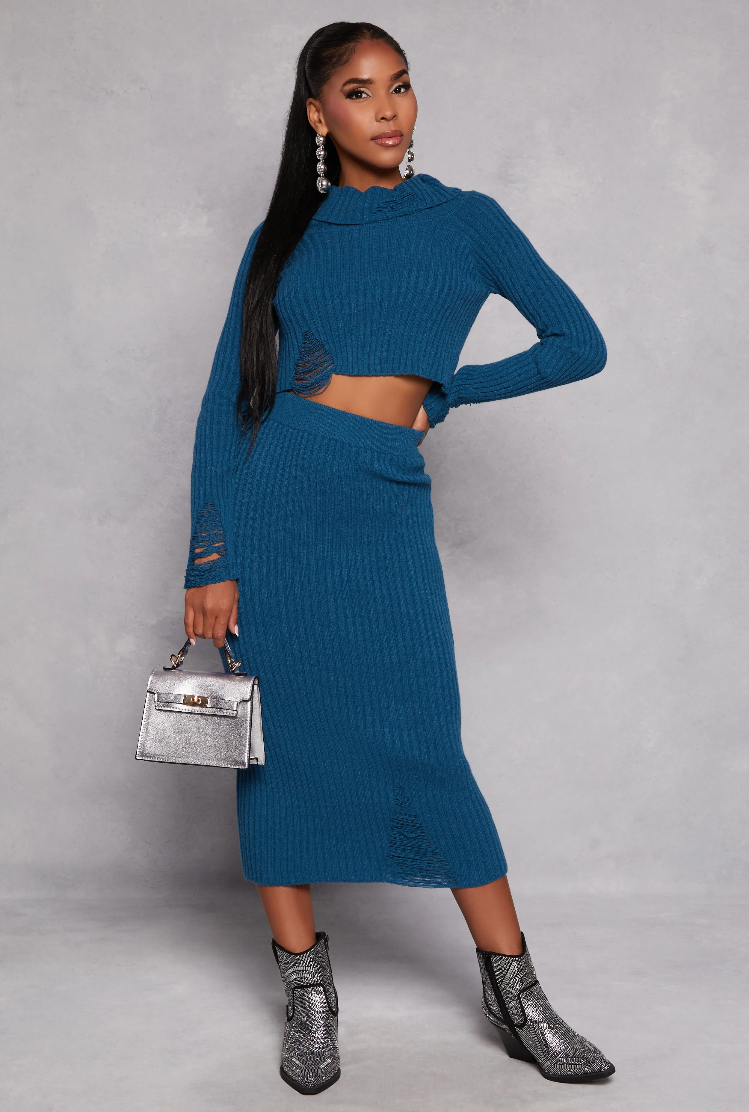 Ribbed Knit Distressed Maxi Skirt sold by Rainbow