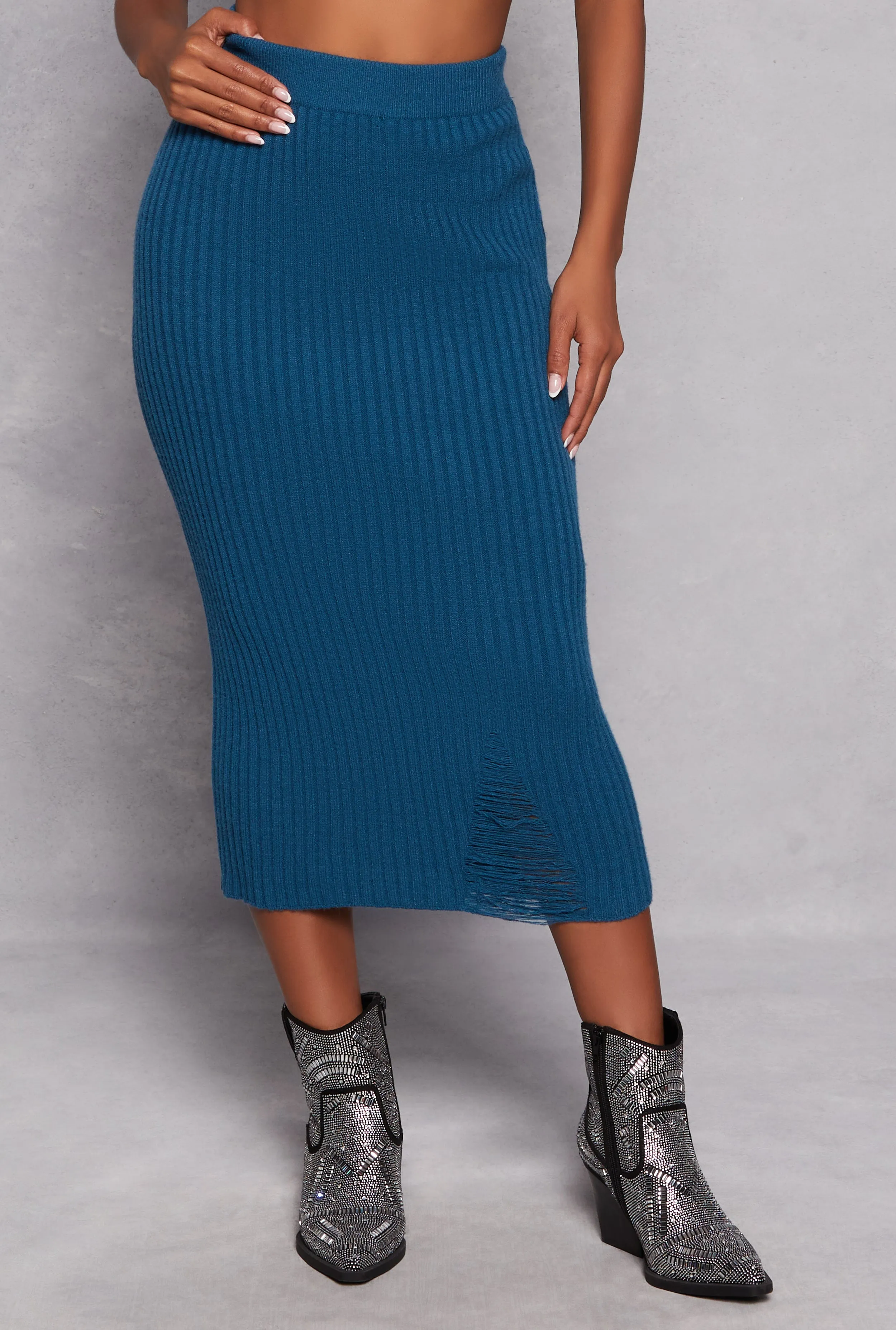 Ribbed Knit Distressed Maxi Skirt sold by Rainbow product image thumbnail 2
