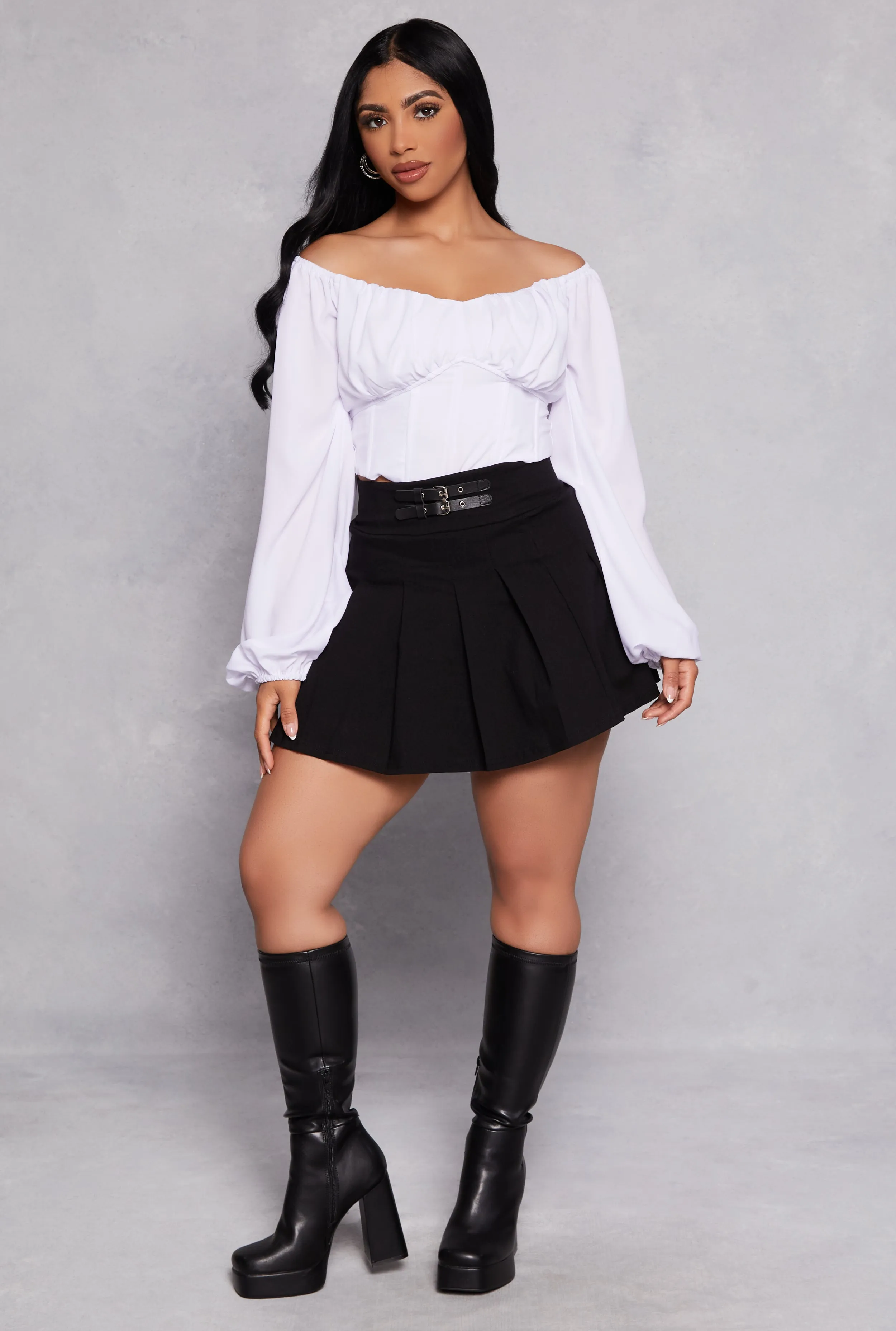 Double Buckle Detail Pleated Skirt sold by Rainbow