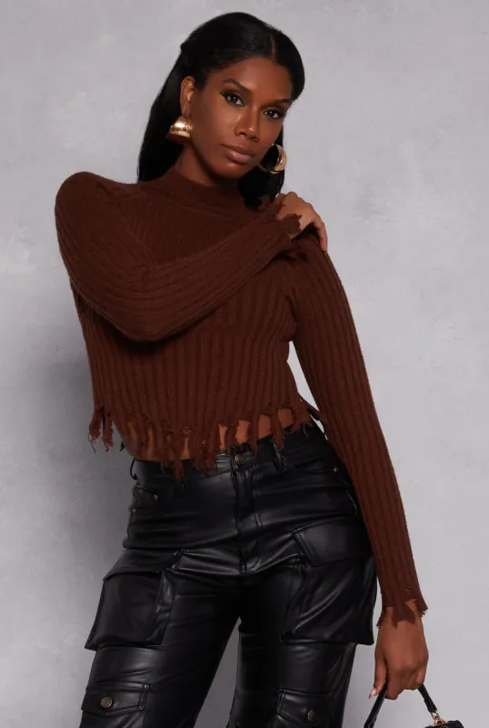 Ribbed Distressed Hem Mock Neck Sweater sold by Rainbow