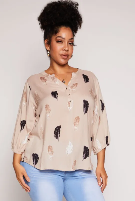 Plus Size Feather Print Top sold by Rainbow