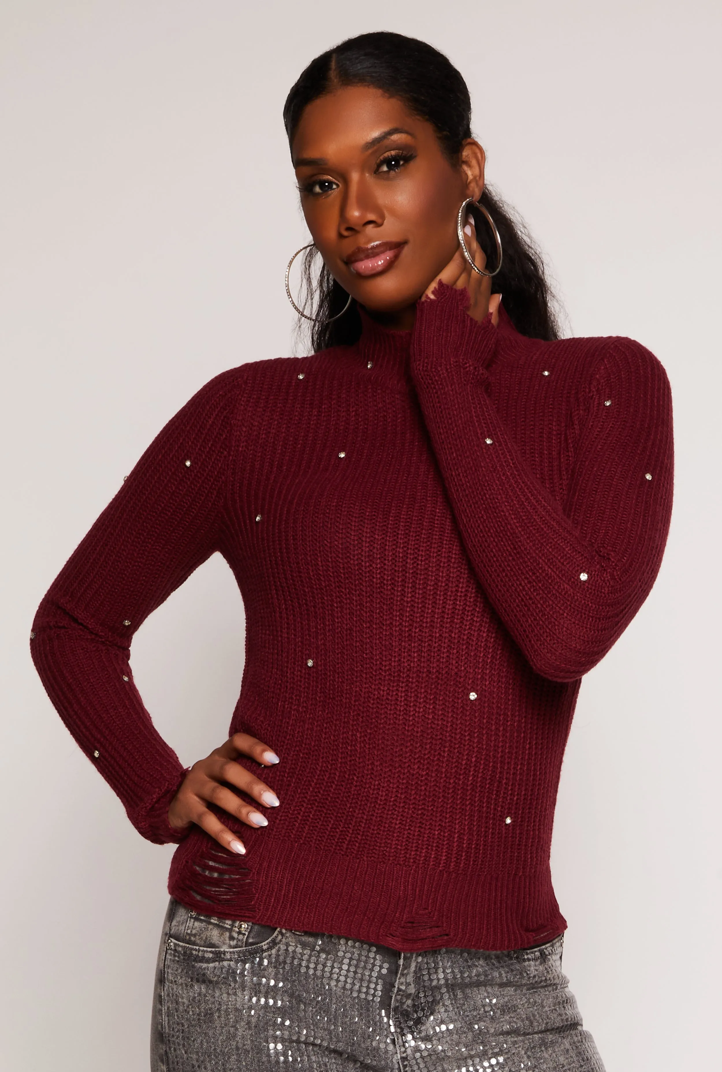 Rhinestone Studded Distressed Sweater sold by Rainbow
