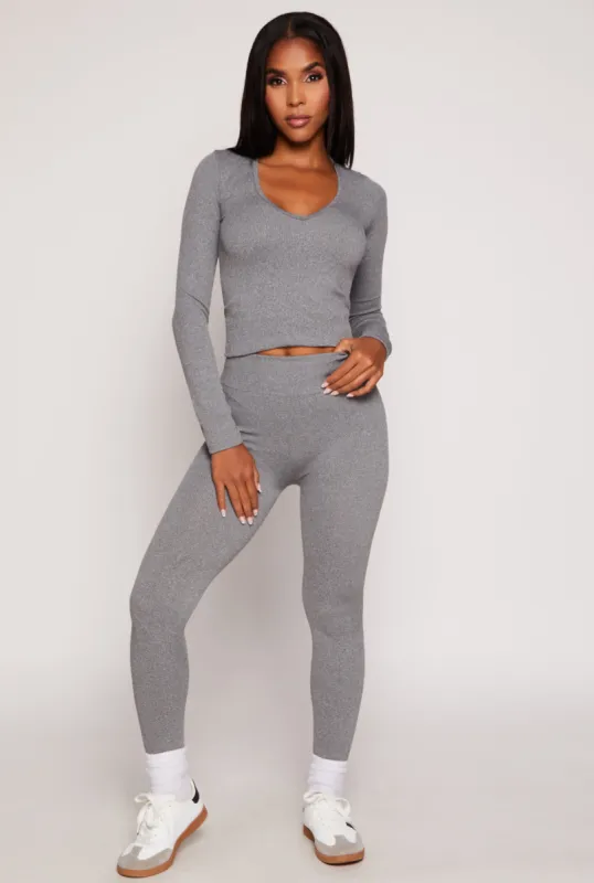 Seamless Ribbed Knit Long Sleeve Top and Leggings Set sold by Rainbow