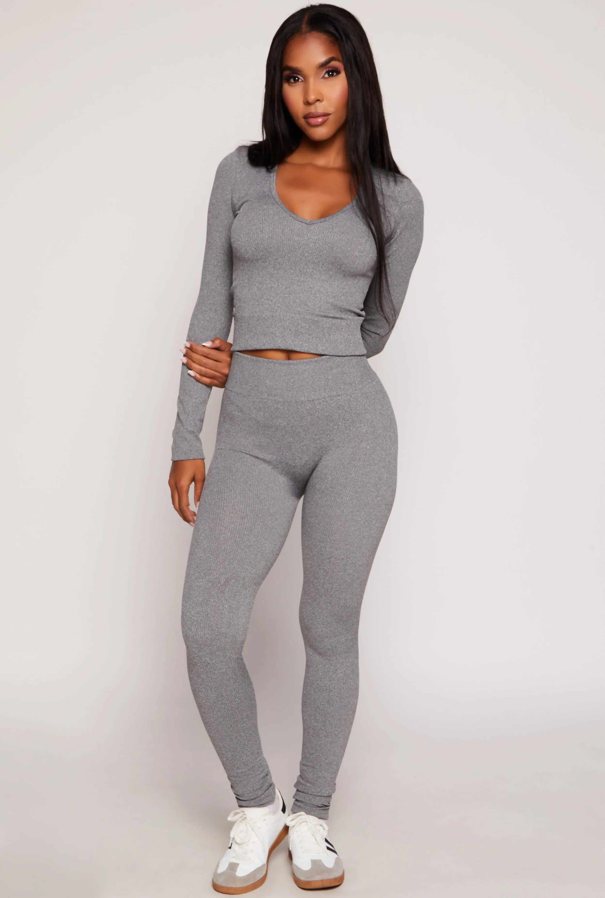 Seamless Ribbed Knit Long Sleeve Top and Leggings Set sold by Rainbow product image thumbnail 2