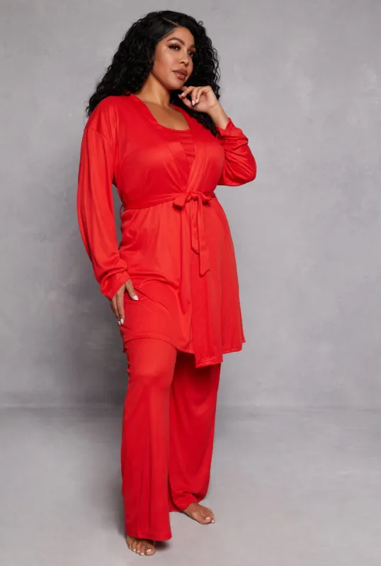 Plus Size Ribbed Knit Pajama Tank Top and Pants with Robe sold by Rainbow