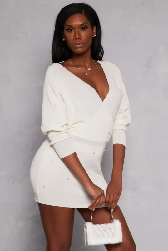 Faux Pearl Long Sleeve Mini Dress sold by Rainbow