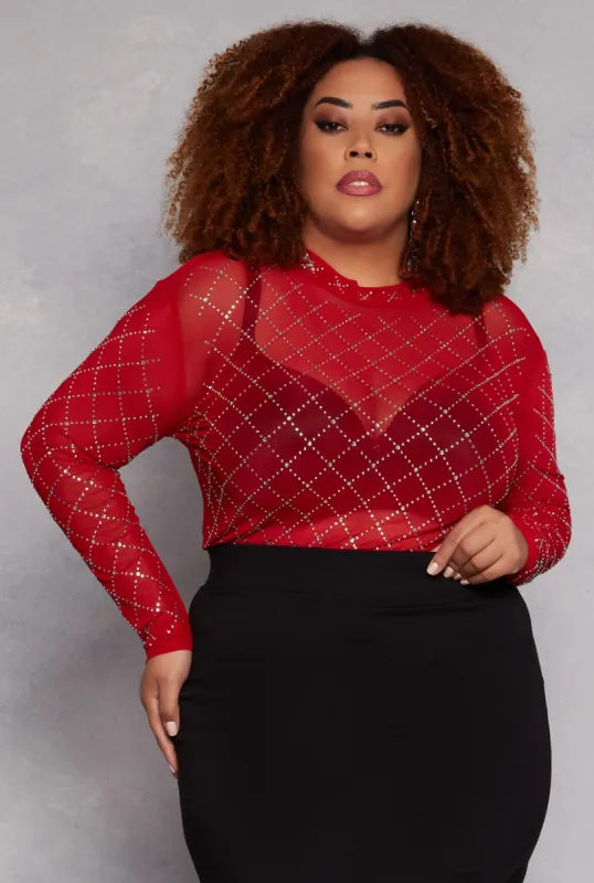 Plus Size Rhinestone Mesh Long Sleeve Top sold by Rainbow