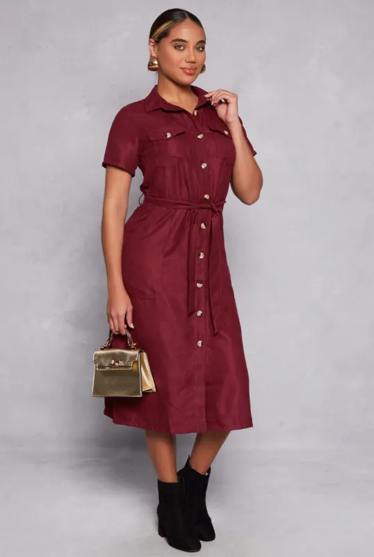 Tie Waist Belted Button Down Shirt Dress sold by Rainbow