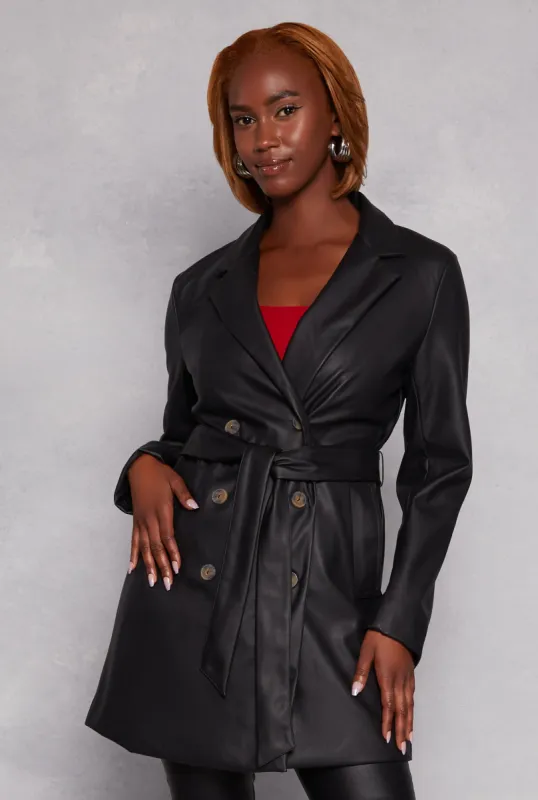 Faux Leather Tie Waist Belted Coat sold by Rainbow