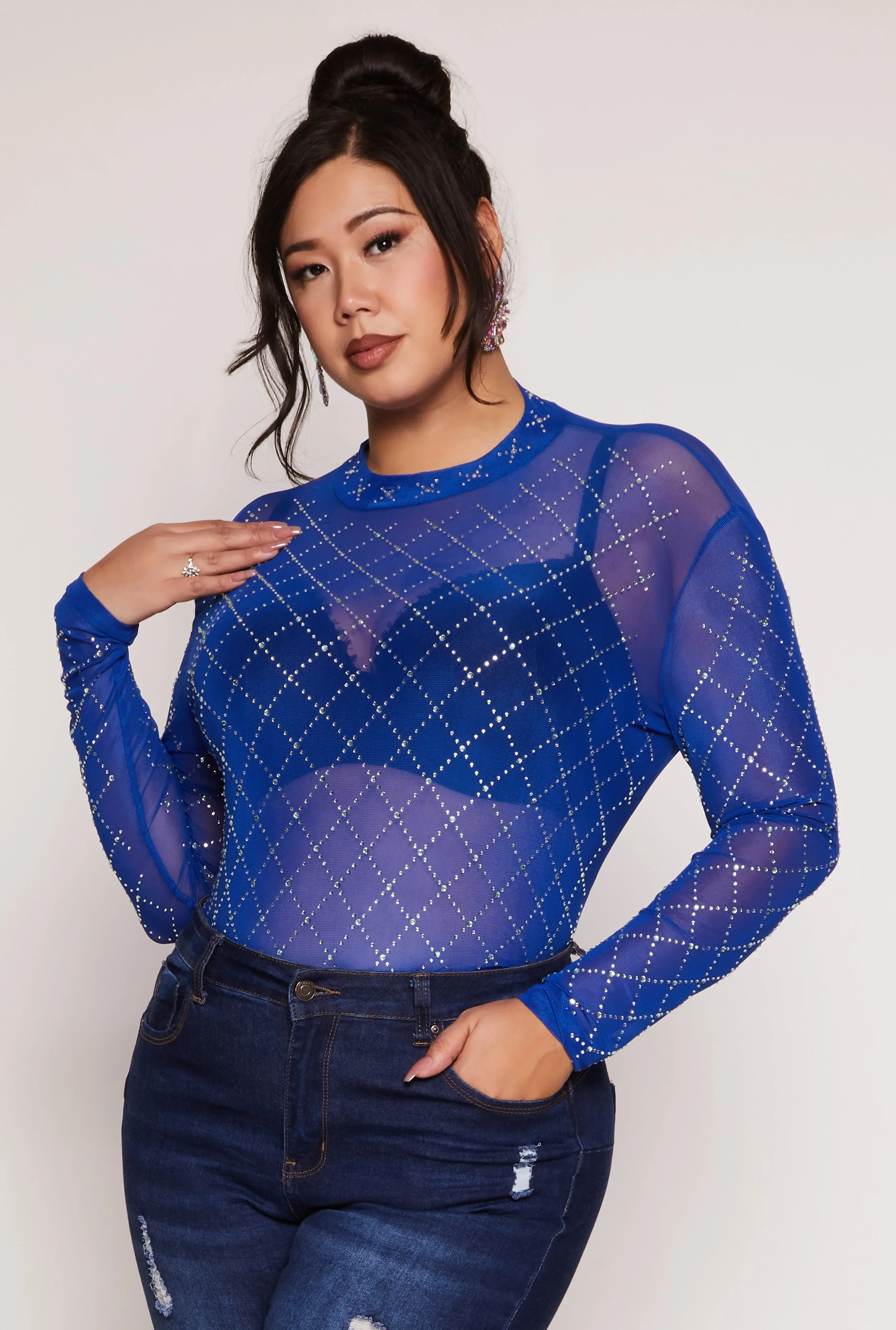 Plus Size Rhinestone Mesh Long Sleeve Top sold by Rainbow