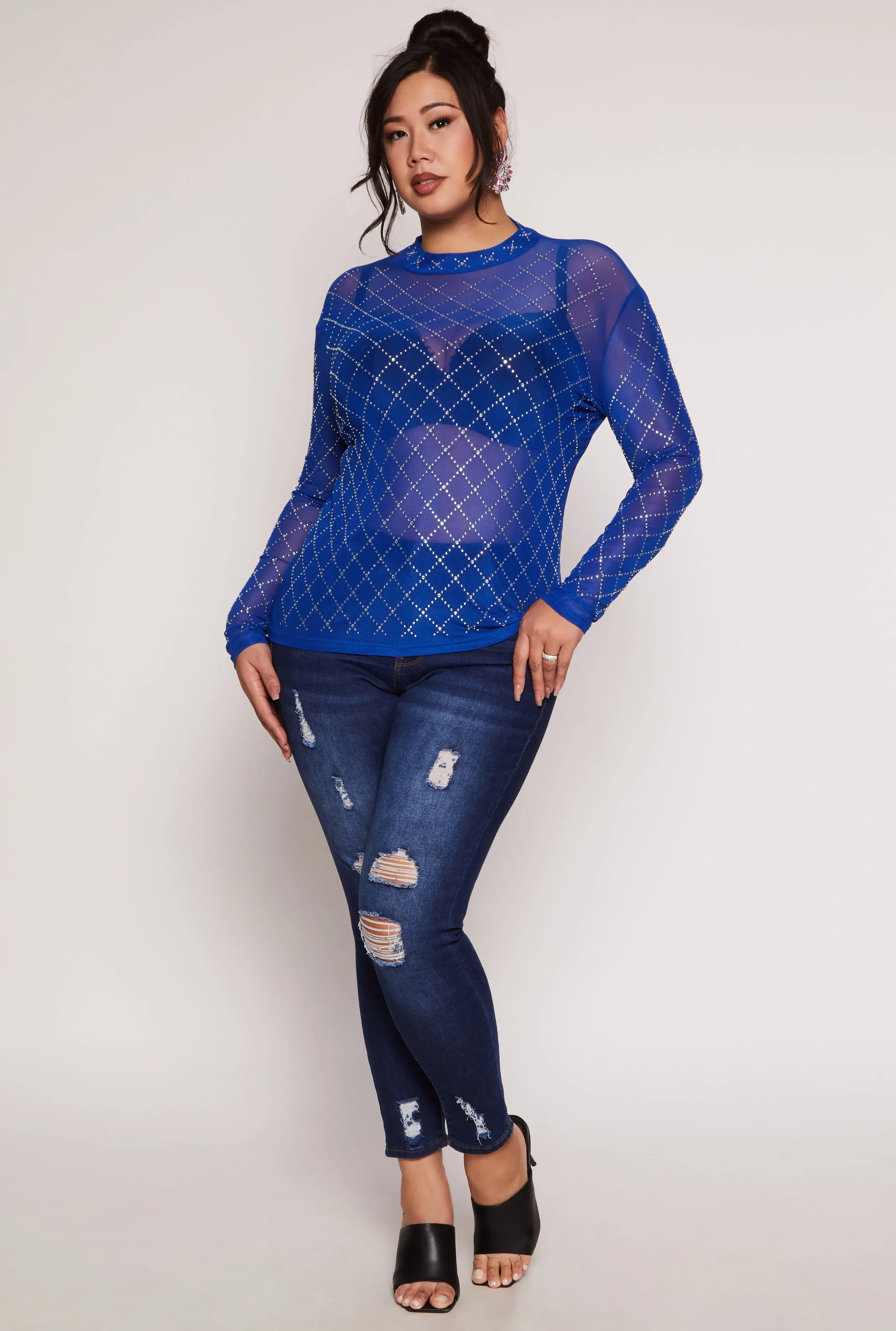 Plus Size Rhinestone Mesh Long Sleeve Top sold by Rainbow product image thumbnail 2