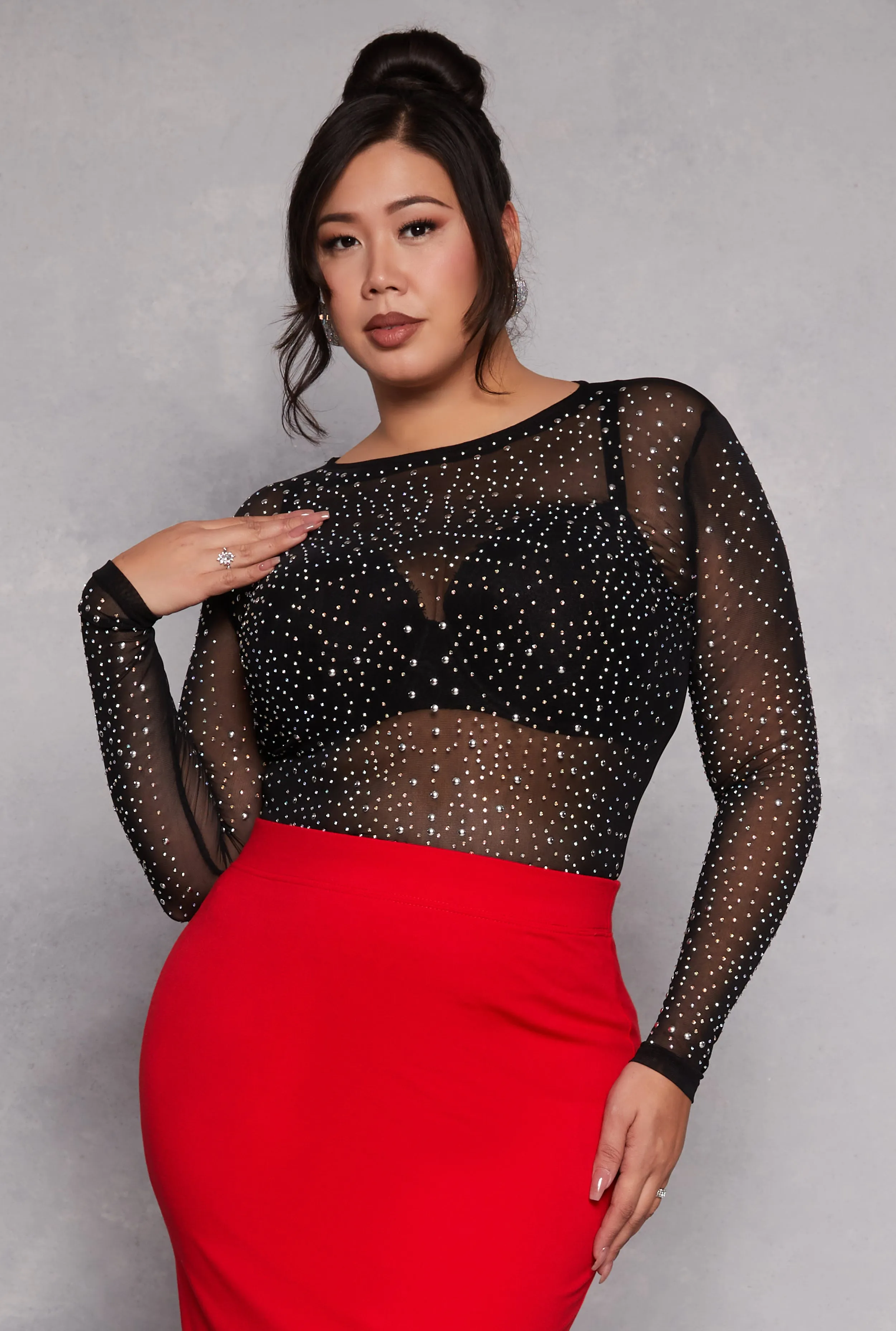 Plus Size Rhinestone Studded Mesh Top sold by Rainbow