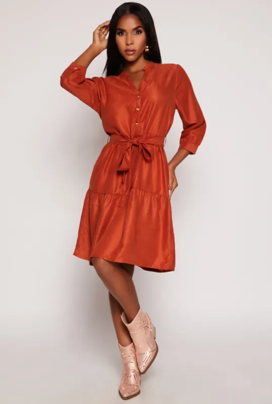 Tie Waist Belted Half Button Tiered Dress sold by Rainbow