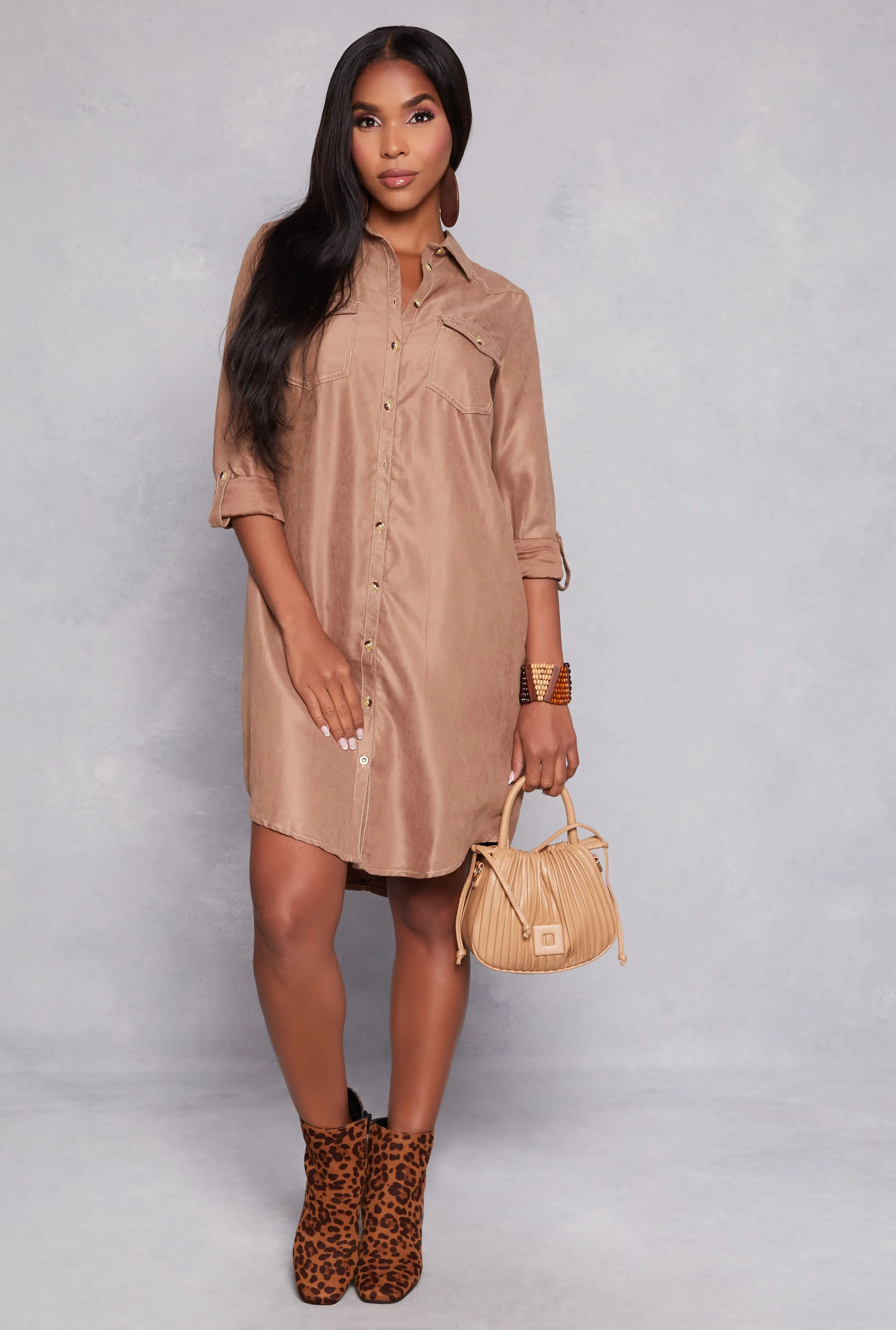 Tabbed Sleeve Button Down Shirt Dress sold by Rainbow