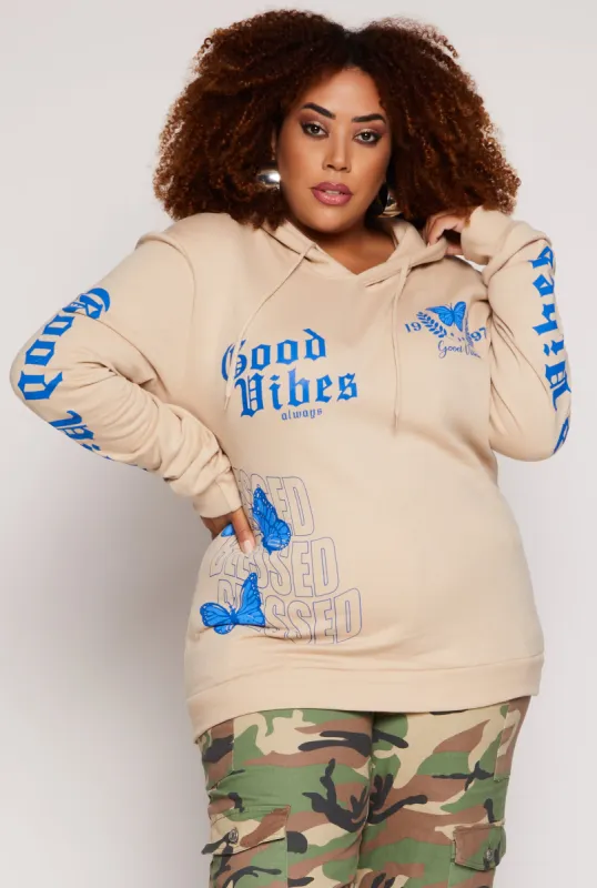 Plus Size Good Vibes Graphic Pullover Hoodie sold by Rainbow
