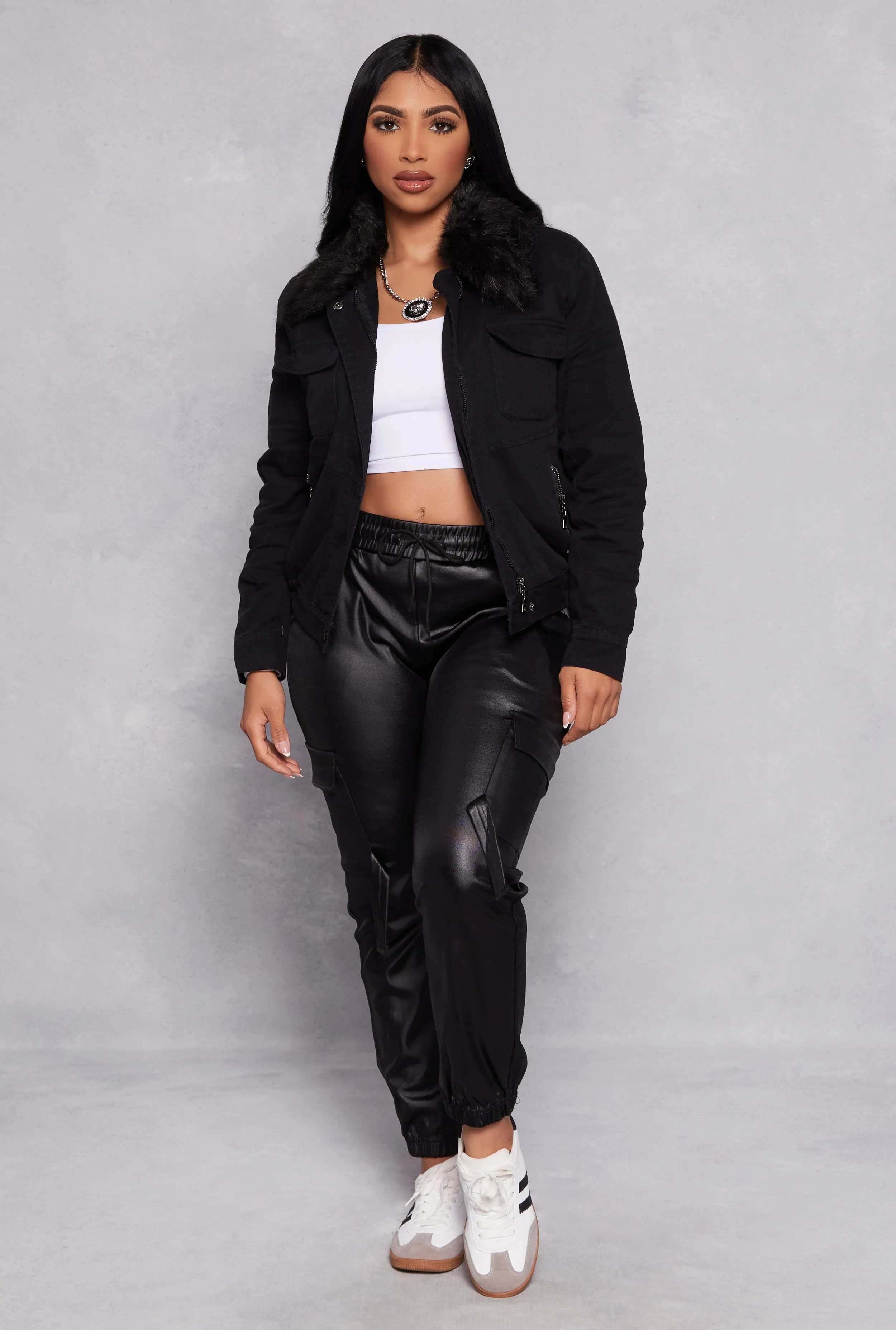 Faux Leather High Waist Drawstring Cargo Joggers sold by Rainbow