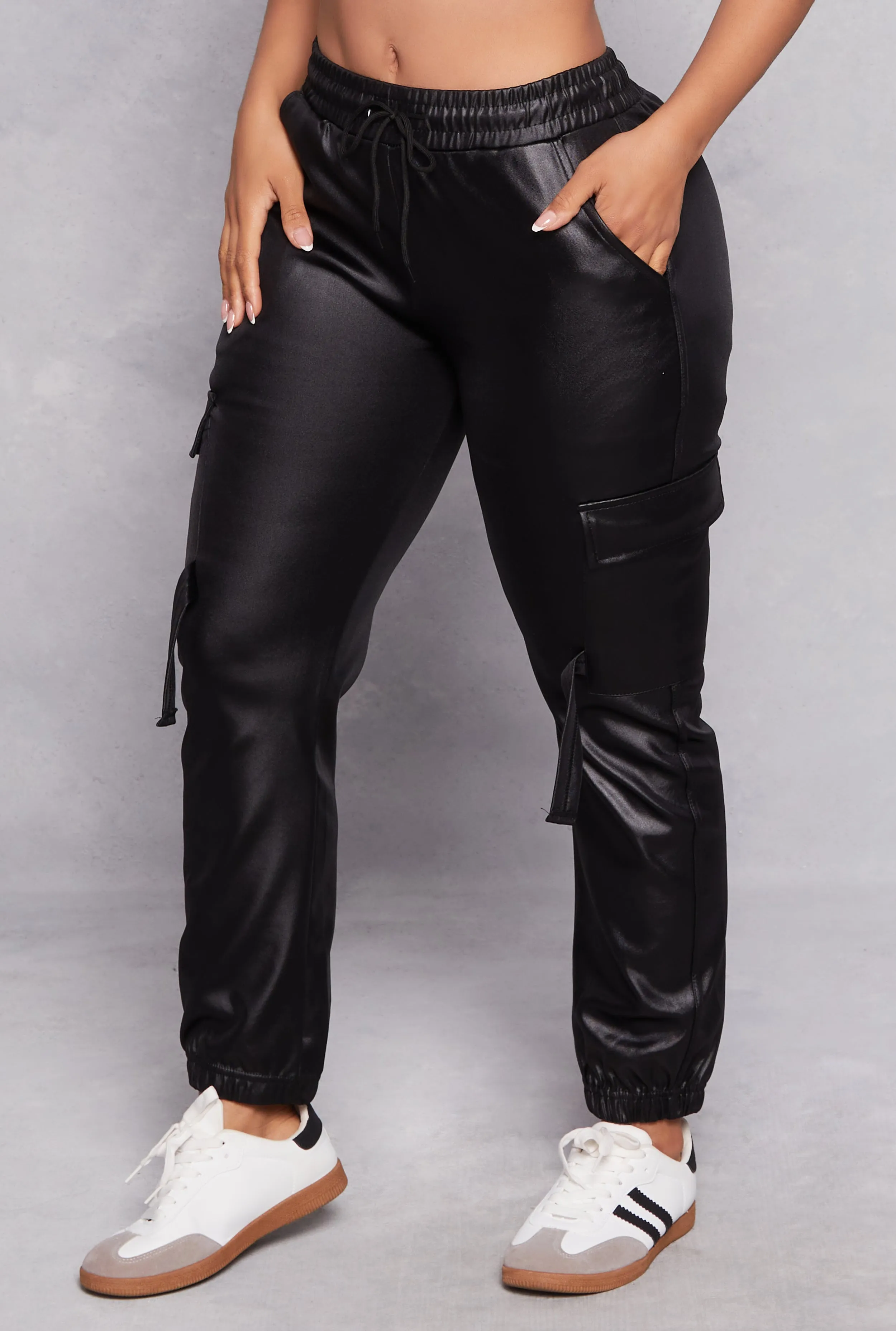 Faux Leather High Waist Drawstring Cargo Joggers sold by Rainbow product image thumbnail 2