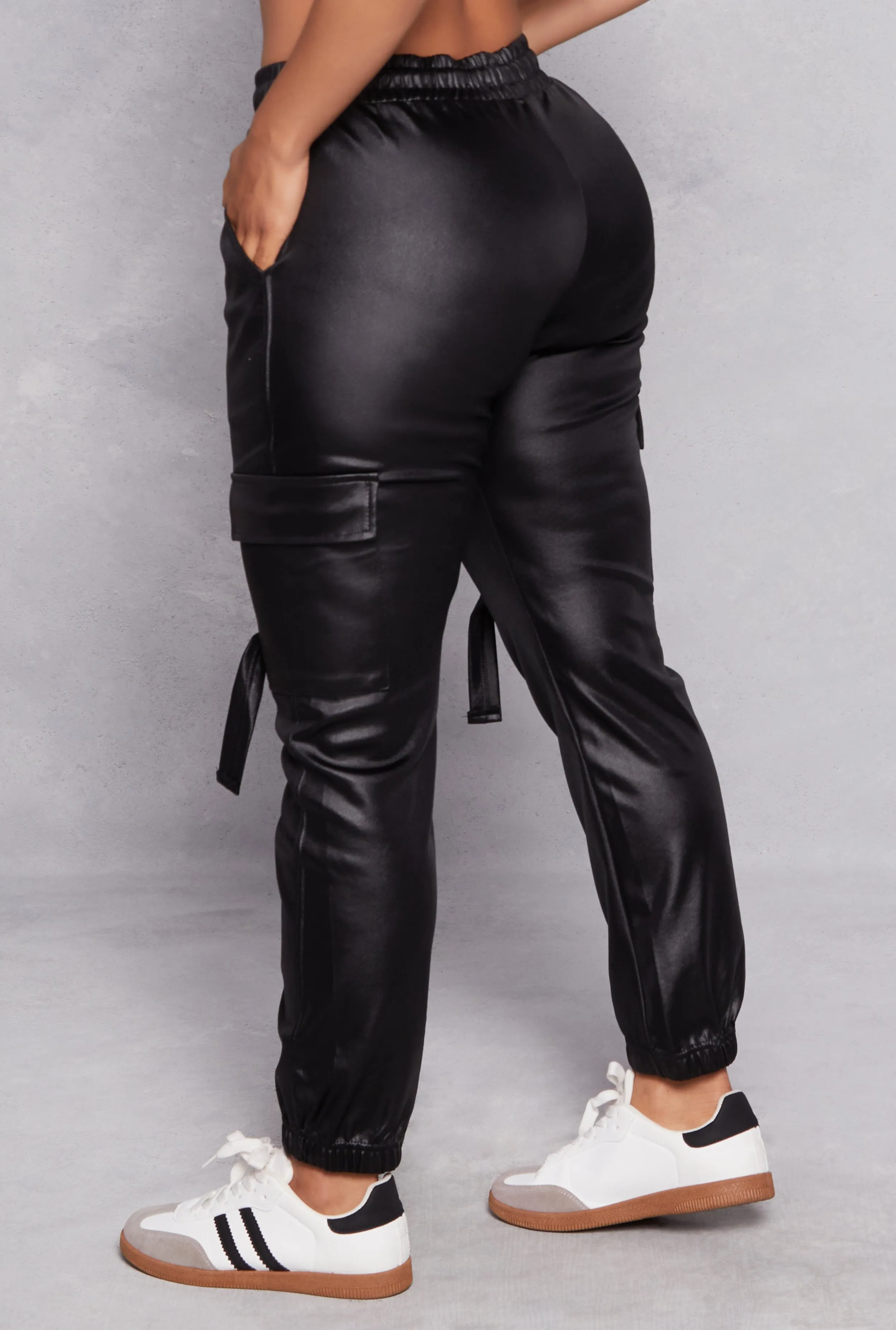 Faux Leather High Waist Drawstring Cargo Joggers sold by Rainbow product image thumbnail 3