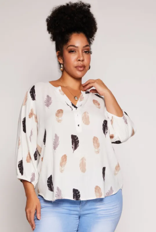 Plus Size Feather Print Top sold by Rainbow