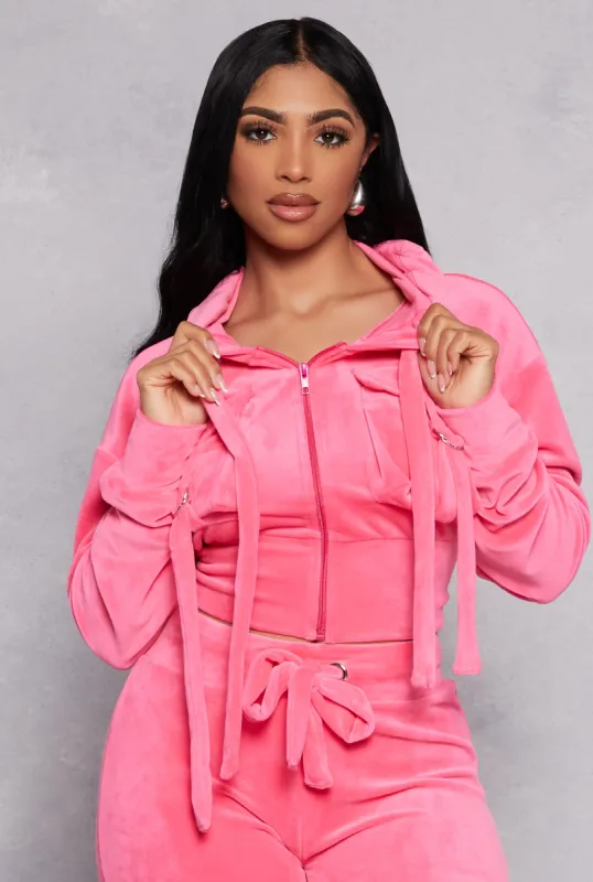 Velour Flap Pocket Cropped Zip Front Hoodie sold by Rainbow